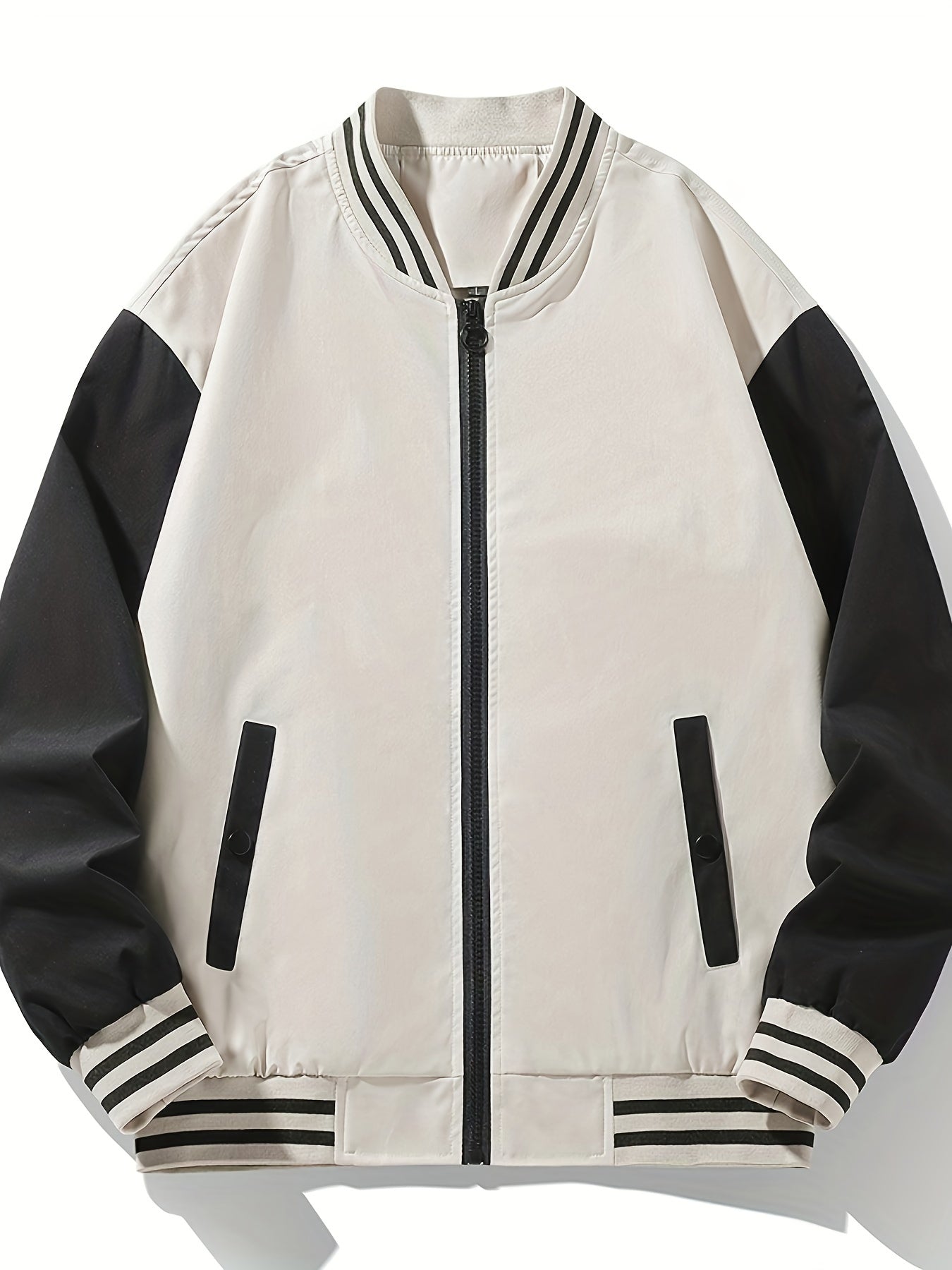 Men'S Lightweight Geometric Pattern Bomber Jacket - Casual Long Sleeve Zip-Up with Pockets, White & Gray, Polyester Lining, Perfect for Fall, Autumn Jacket