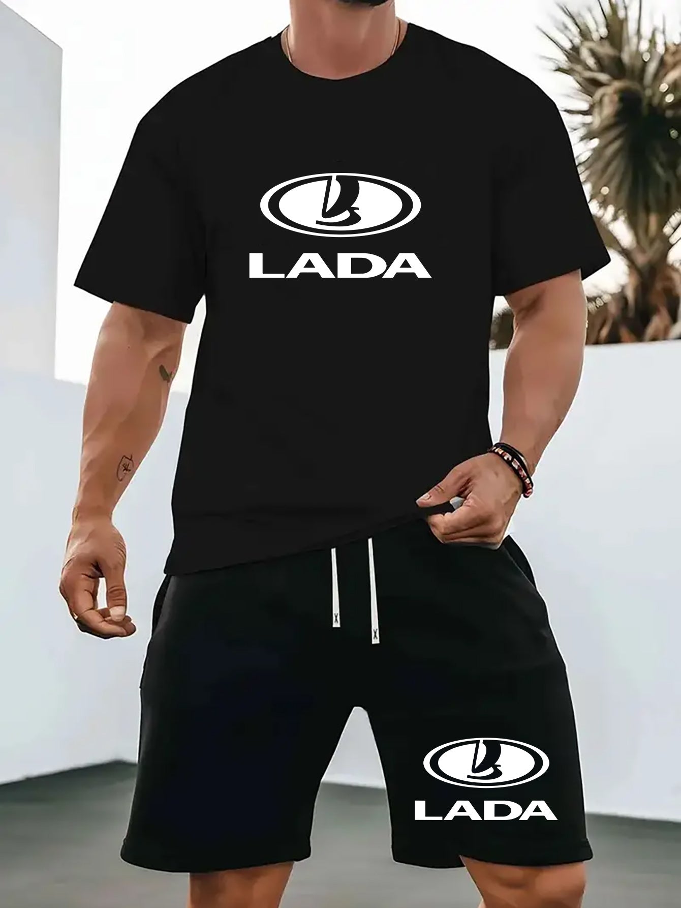Men'S Summer Casual Sport Two-Piece Set - LADA Letter Pattern Print T-Shirt and Black Drawstring Shorts, Casual Sportswear, Regular Fit - Perfect for Summer Outdoor