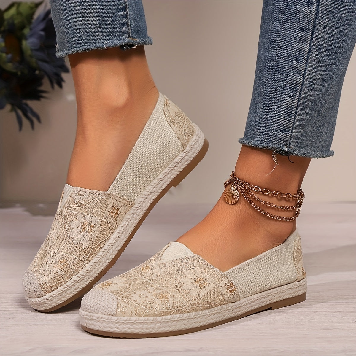 Women's Breathable Slip-On Loafers - Soft Sole Casual Walking Shoes, Lightweight & Comfortable, Beige Floral Pattern Fabric Upper, PU Cover Sole, Perfect for Casual Attire, Allseason Loafers | Slipon Comfort | Soft Sole Shoes