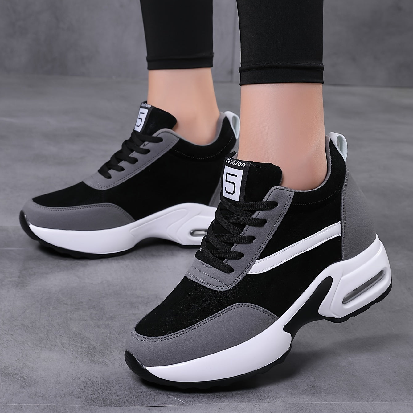 Women's Lace-up Front Chunky Sneakers With Air Cushion, Fashion Platform Sneakers With Hidden Heel For Outdoor Walking