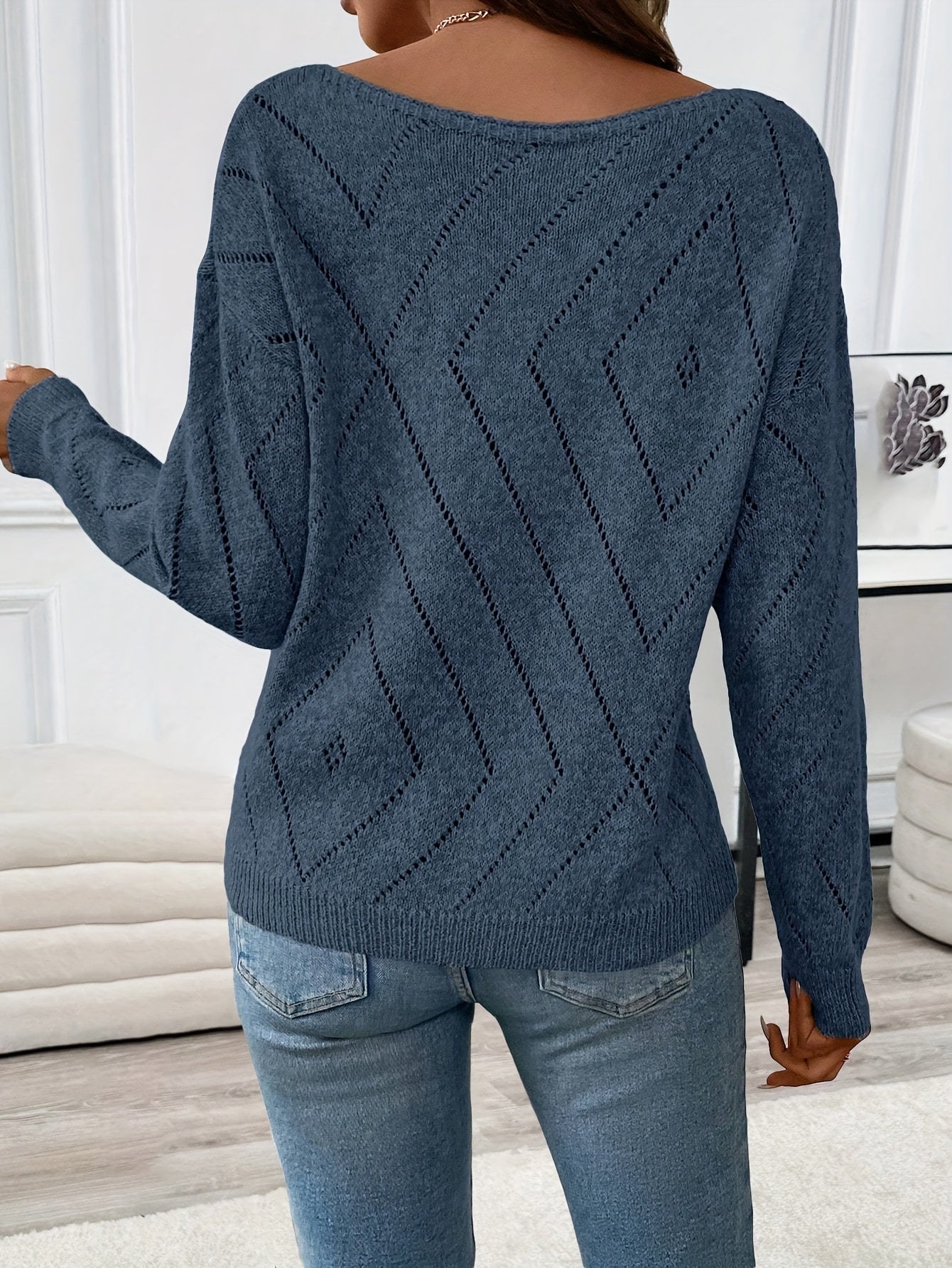 Women'S Acrylic Knit Pullover Sweater, Drop Shoulder Long Sleeve, Solid Color, Medium Stretch, Regular Fit, with Boat Neck Collar for Spring/Fall