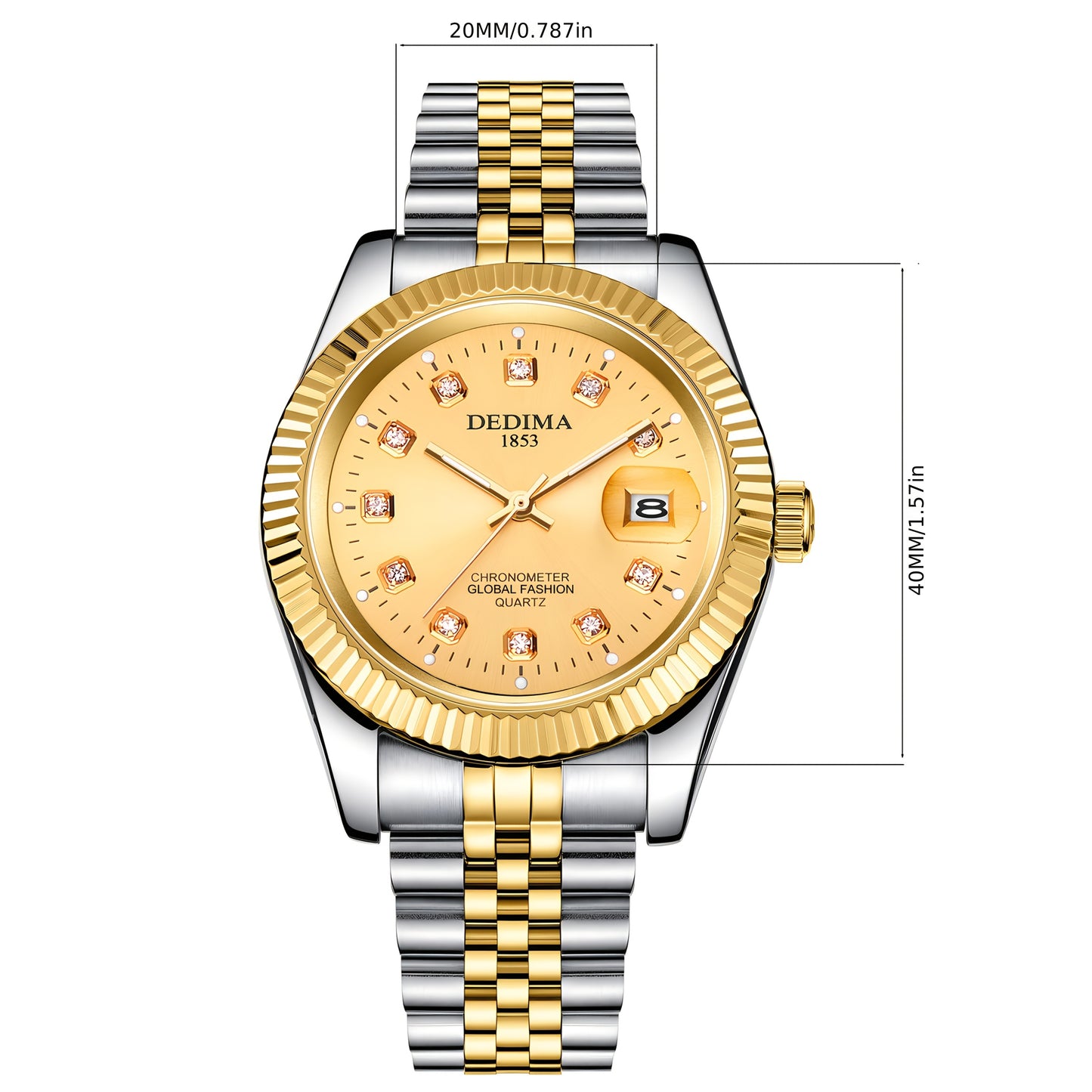 DEDIMA Elegant Stainless Steel Band Calendar Watch, Quartz Movement, Round Dial with Rhinestones, Battery-Powered, Non-Rechargeable Button Battery, Regular Cleaning, for Men, Women, Students, Christmas, Valentine'S Day, Thank