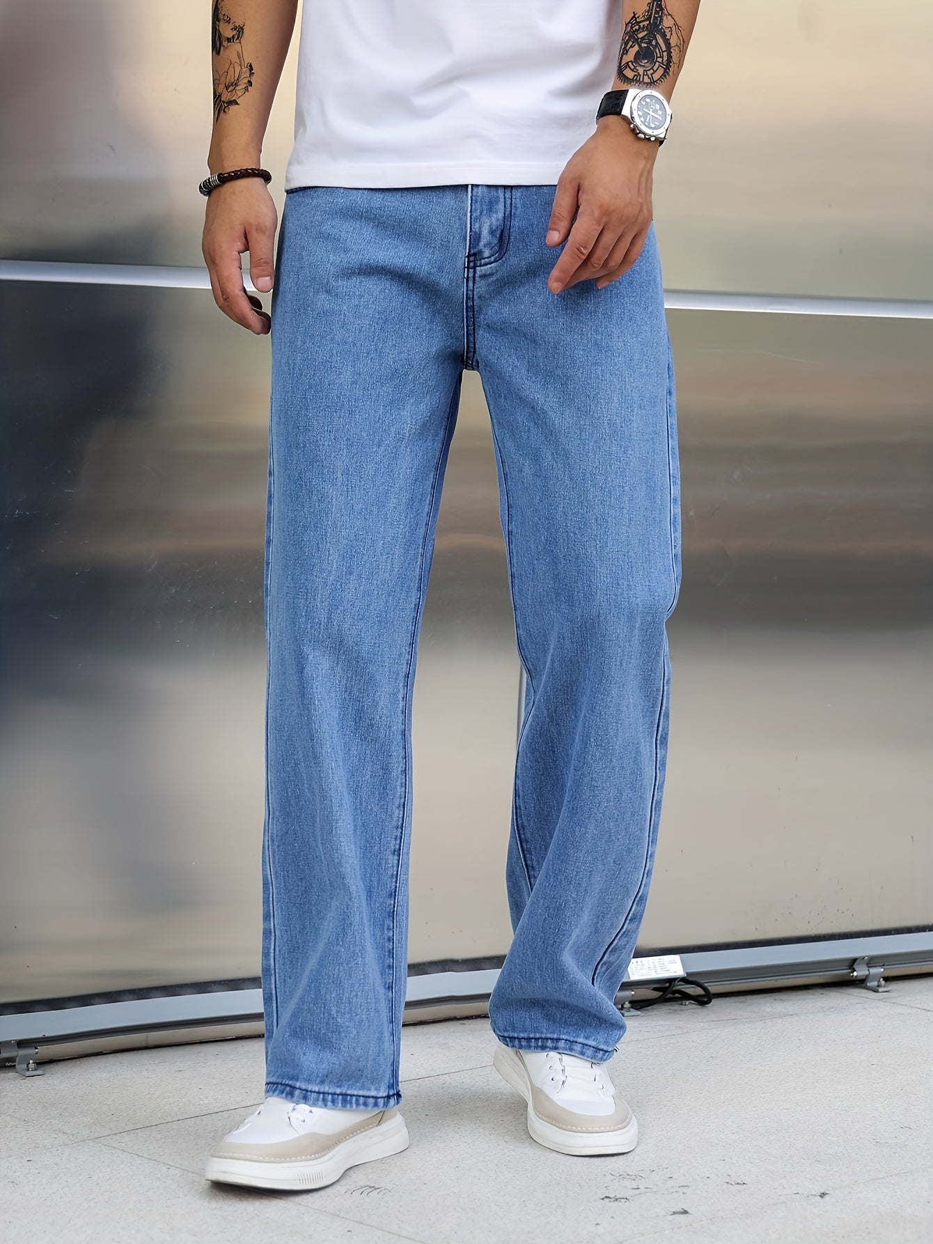 Men's Loose Fit Wide Leg Jeans, Street Style Stretch Casual Pants