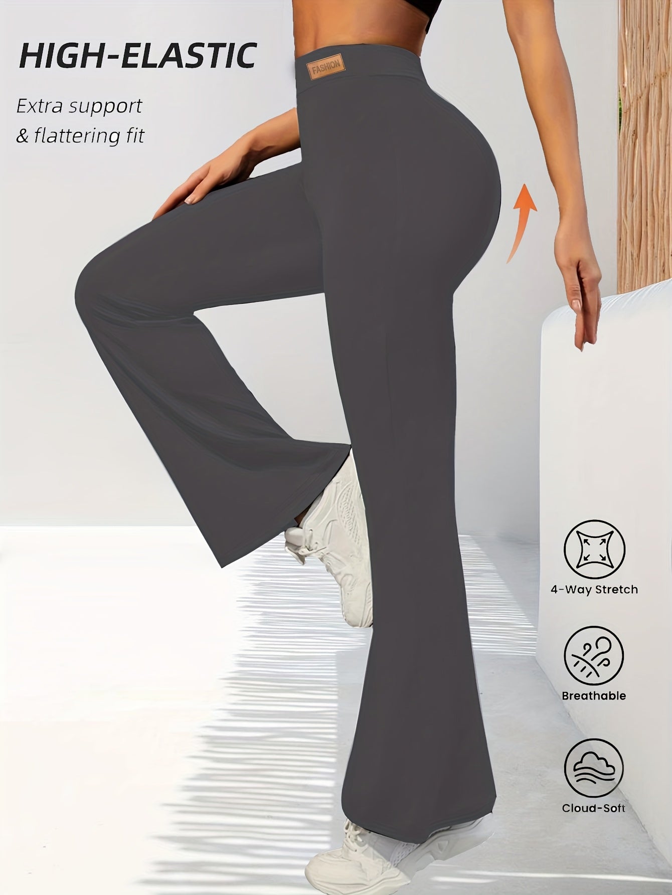 High-Waisted Flared Leggings for Women - Stretchy Black Polyester Pants with Tummy Control, Slimming Fit, and Breathable Design for Spring/Summer/Fall Casual Wear, Spring Summer Leggings | Fitted Leggings | Elastic Waistband