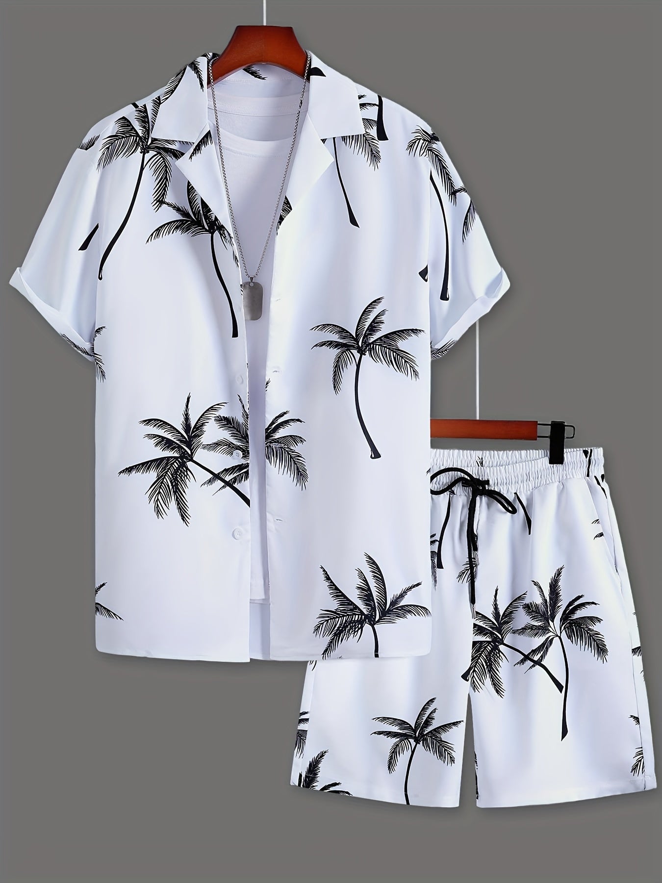 Men'S Summer Tropical Palm Tree Print Pajama Set, Polyester 100% Short Sleeve Shirt & Drawstring Waist Shorts, Vacation Style Lapel Collar, Non-Stretch Woven Fabric, Regular Fit - 120gsm