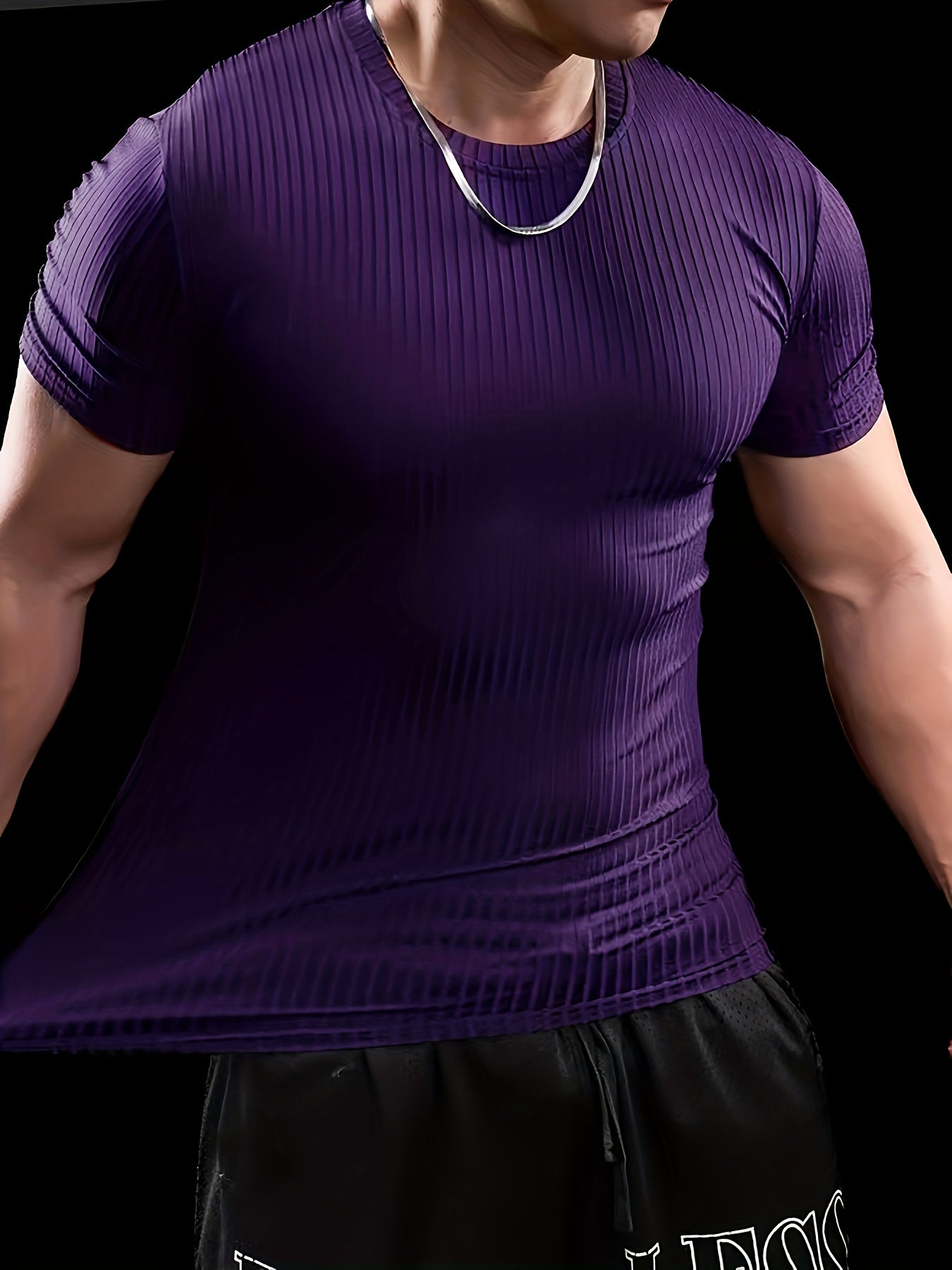 Men's Slim Fit Ribbed Short Sleeve T-Shirt - Stretchy Athletic & Casual Wear, Green, Round Neck, Machine Washable, Muscle-Enhancing Design, Gym Shirts