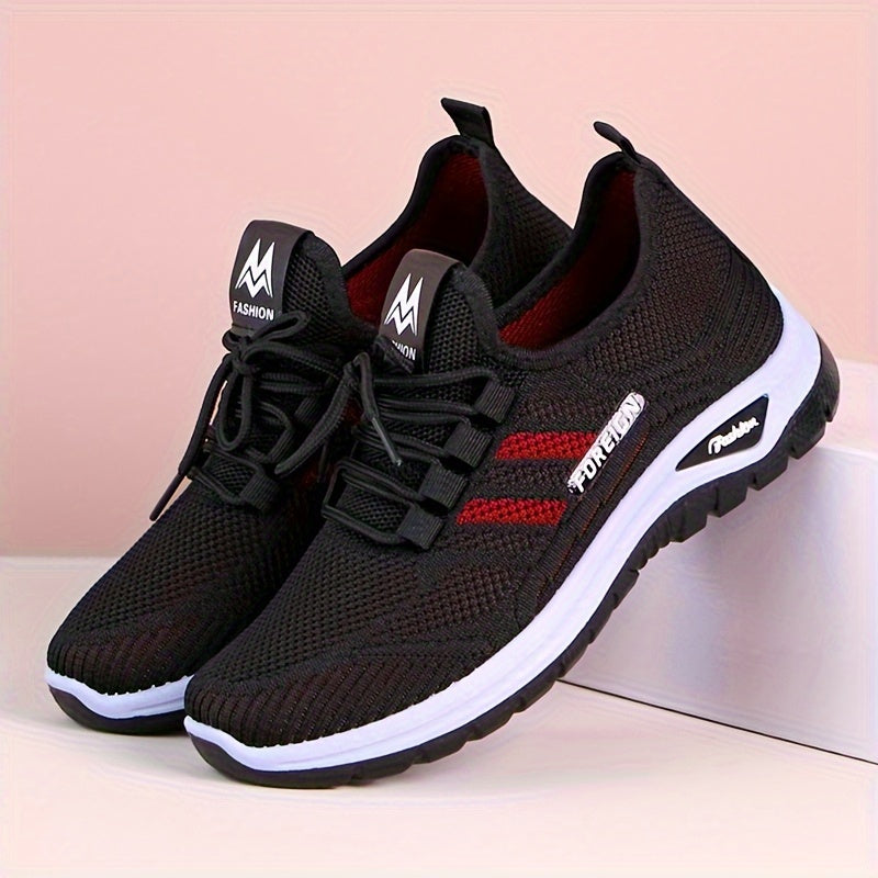 Women's Lightweight Breathable Knit Running Sneakers - Casual Sneakers with Lace-Up Closure, Dual-Layer PVC Sole for Easy Wear & Comfort, Black & Red Striped Design, Perfect for Outdoor Activities, Walking, and Daily Commute,