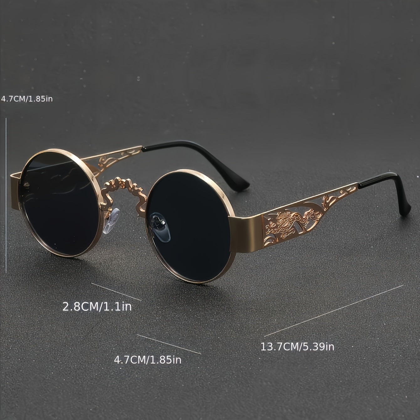 A Pair Of Men's Stainless Steel Retro Round Frame Glasses, Chinese Dragon And Phoenix Carving Hollow Arms, Casual Hip-hop Punk Street Party Fashion Trend Decorative Glasses, With PC Lenses