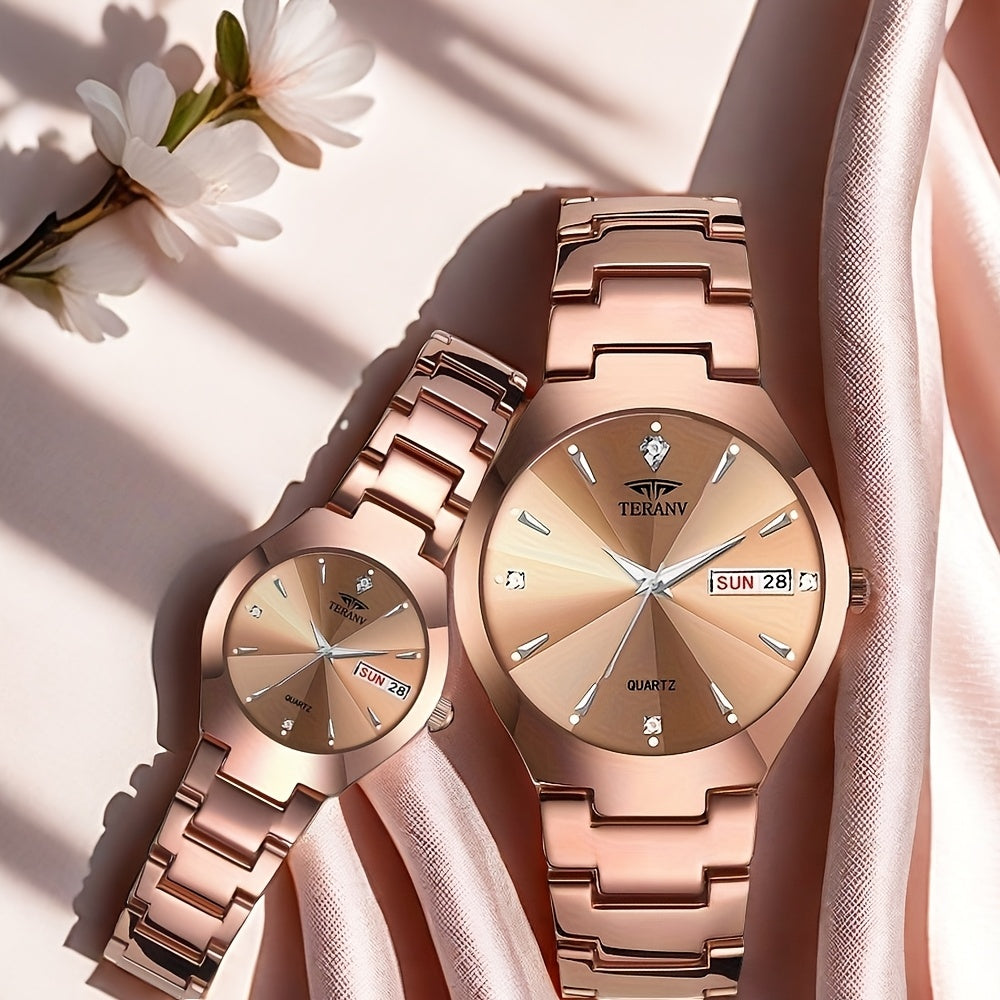 2pcs Couple Watches for Men & Women - Stainless Steel Strap, Rhinestone Accents, Luminous HD Display with Week Calendar, Quartz Movement, Elegant Gift for Valentine's Day, Mother's Day, Father's Day, Special Occasion Watch |