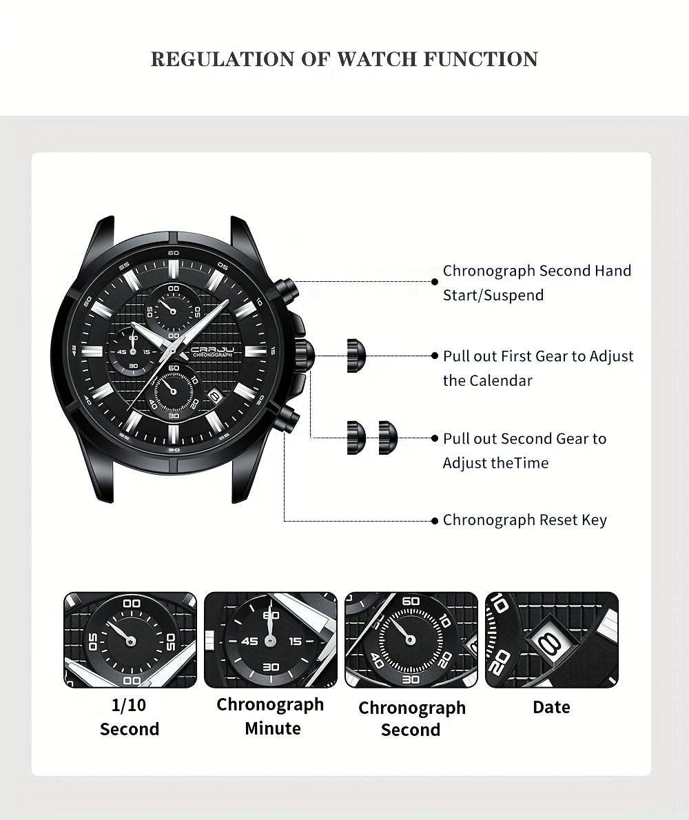 CRRJU Fashion Men's Watch, Business Solid Stainless Steel Multifunctional Chronograph Watch