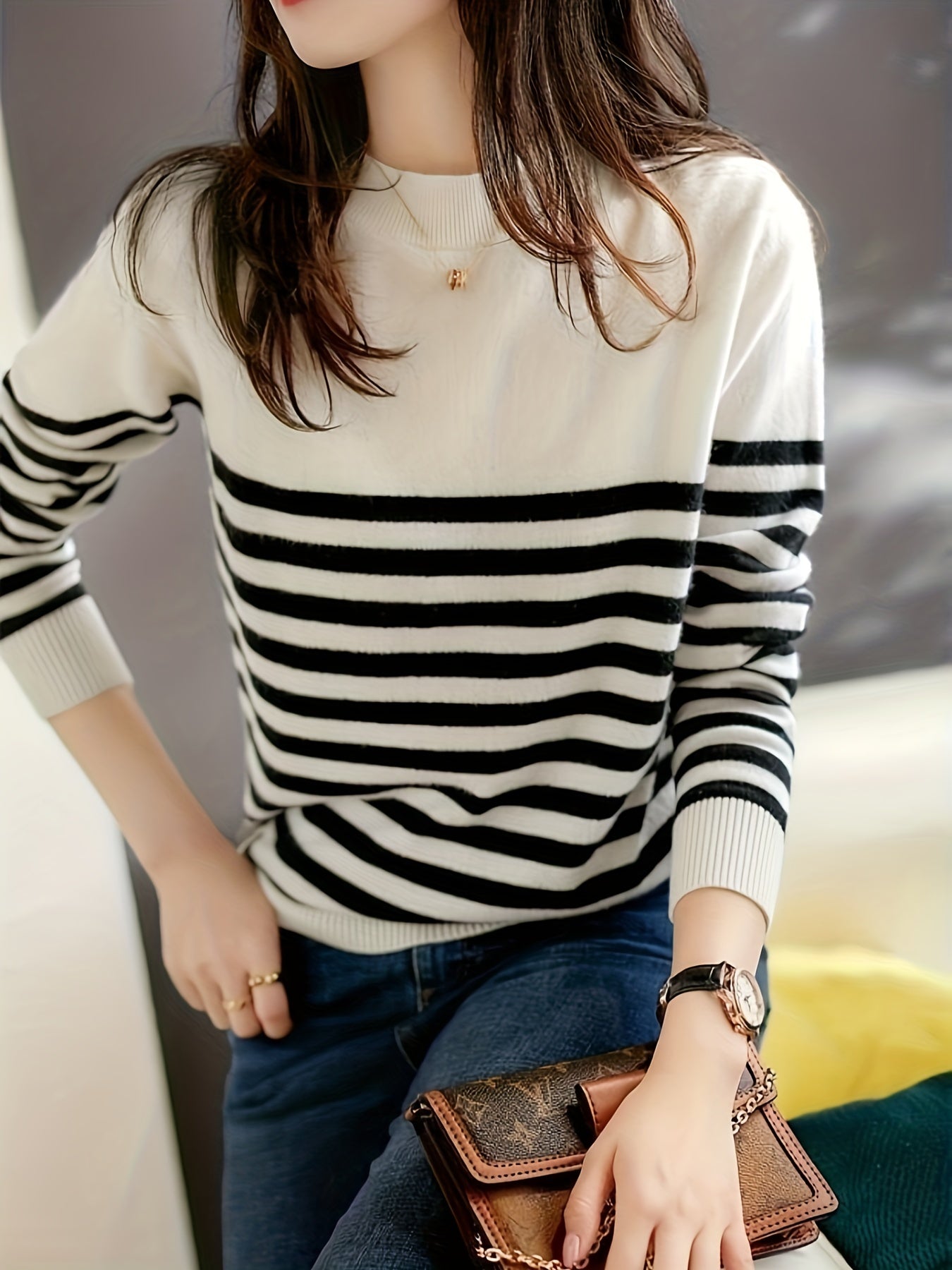 Striped Crew Neck Pullover Sweater, Casual Long Sleeve Versatile Sweater, Women's Clothing