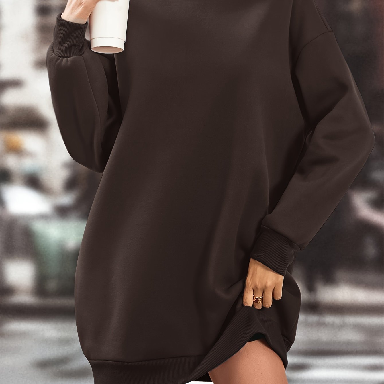 Elegant Women'S Fleece-Lined Sweatshirt Dress - Polyester Knit Fabric, Solid Color, Crew Neck, All-Season Loose Long Sleeve Casual Wear