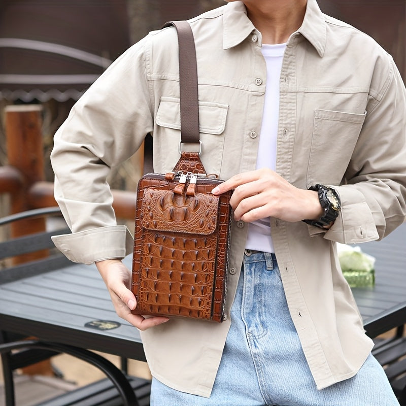 Men'S Stylish Black Crocodile Pattern Crossbody Bag - Durable, Large Capacity, Adjustable Strap, Perfect for Travel & Daily Commute, Commuter Shoulder Bag|Stylish Crossbody|Durable Fabri