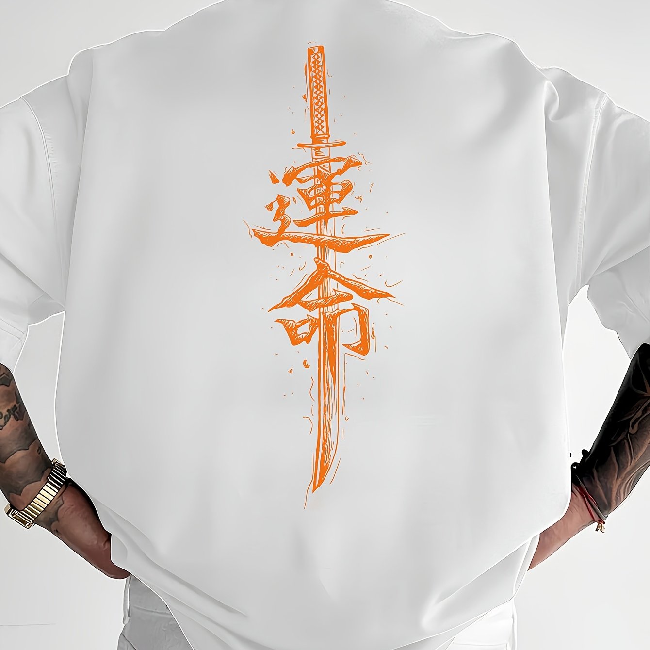Men'S Japanese Samurai Sword Graphic T-Shirt - Casual Loose Fit Crew Neck, Short Sleeve Tee with Red Stylized Japanese Katanas Design, Breathable Polyester for Spring & Summer Outdoor Wear