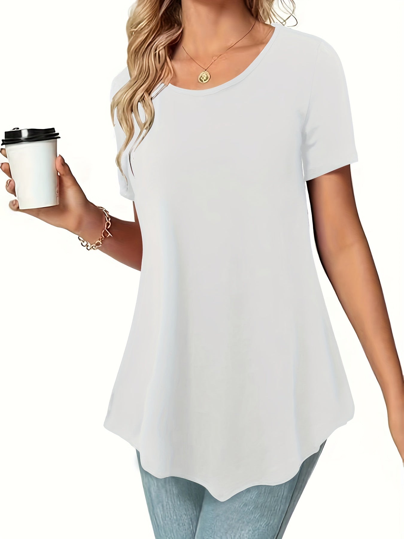 Asymmetrical Hem Crew Neck T-shirt, Short Sleeve Casual Top For Summer & Spring, Women's Clothing