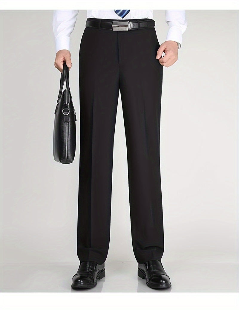 Men's Classic Straight Fit Pants - Lightweight Polyester Blend, High Waist, Button Closure, Suitable for Year-Round Wear