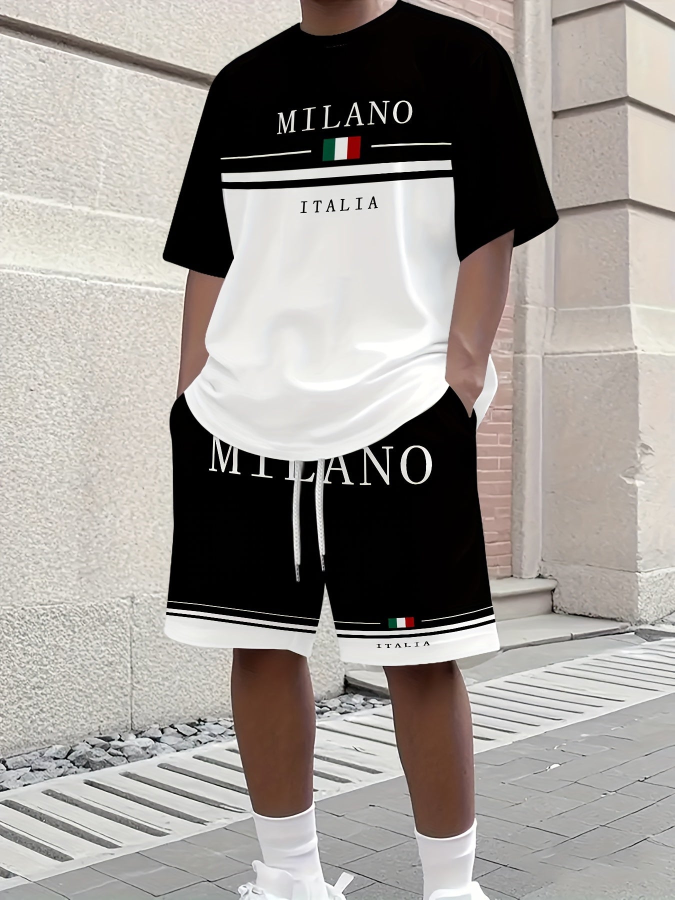 Men'S Casual "Milano Italia" Graphic Tee & Shorts Set - Black & White, Breathable Summer Outfit with Drawstring Waist, Comfortable for Casual Attire, Casual Attire|Italianinspired Design|Stretchy Fabric