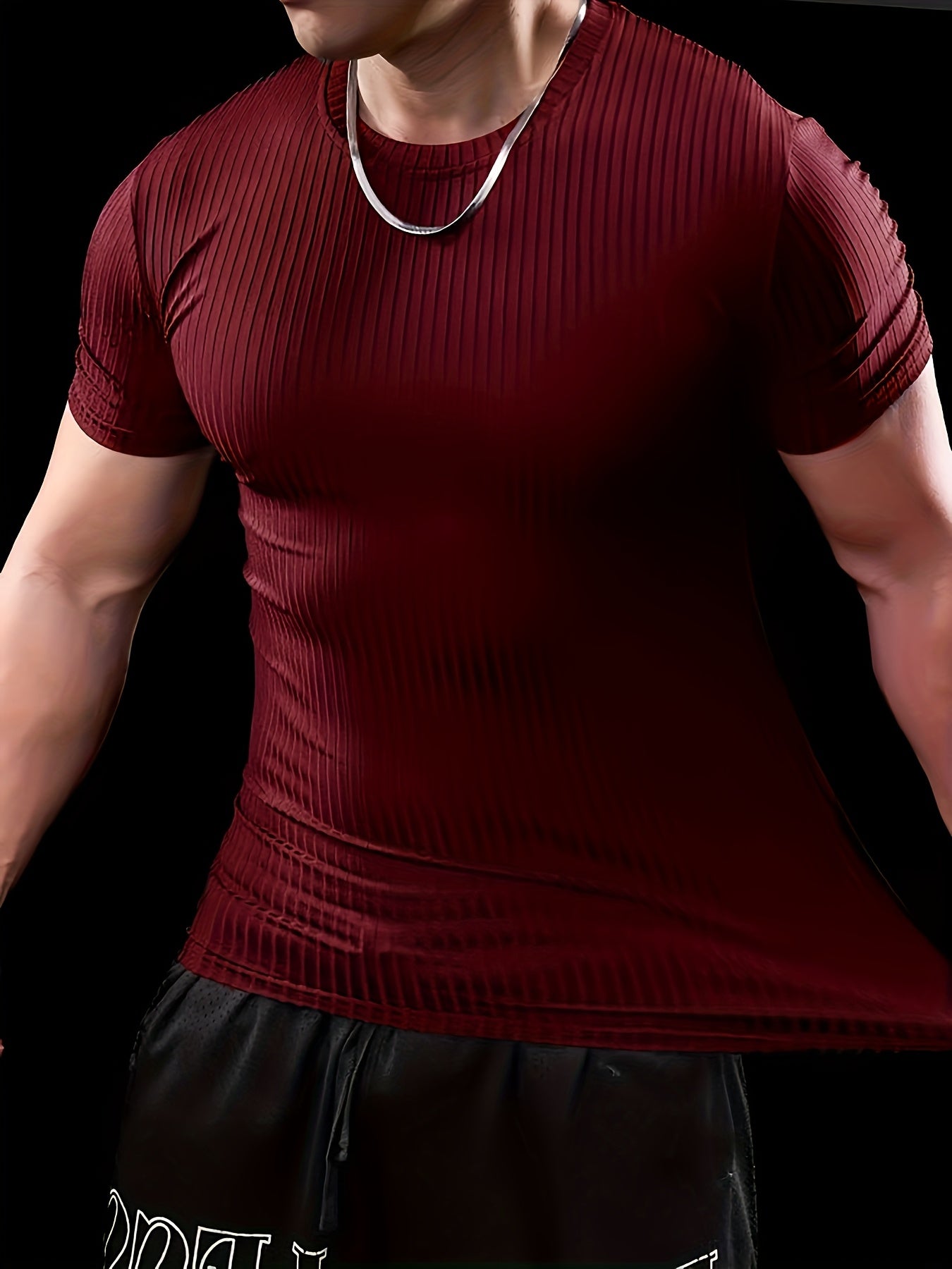 Men's Slim Fit Ribbed Short Sleeve T-Shirt - Stretchy Athletic & Casual Wear, Green, Round Neck, Machine Washable, Muscle-Enhancing Design, Gym Shirts
