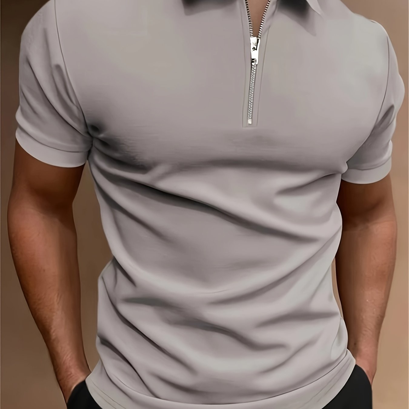 Casual Stretch Men's Solid Color Zipper Lapel Golf Shirt, Male Summer Streetwear