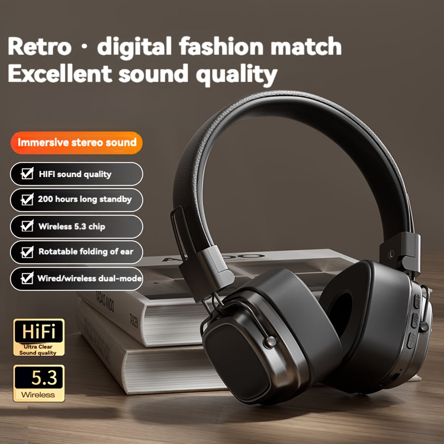 Vintage-Inspired Over-Ear Wireless Headset With Wireless 5.3 Chip - No Lag Gaming, Hi-Fi Sound & Deep Bass, Long-Lasting 350Mah Battery, Ideal For Music Lovers & Athletes