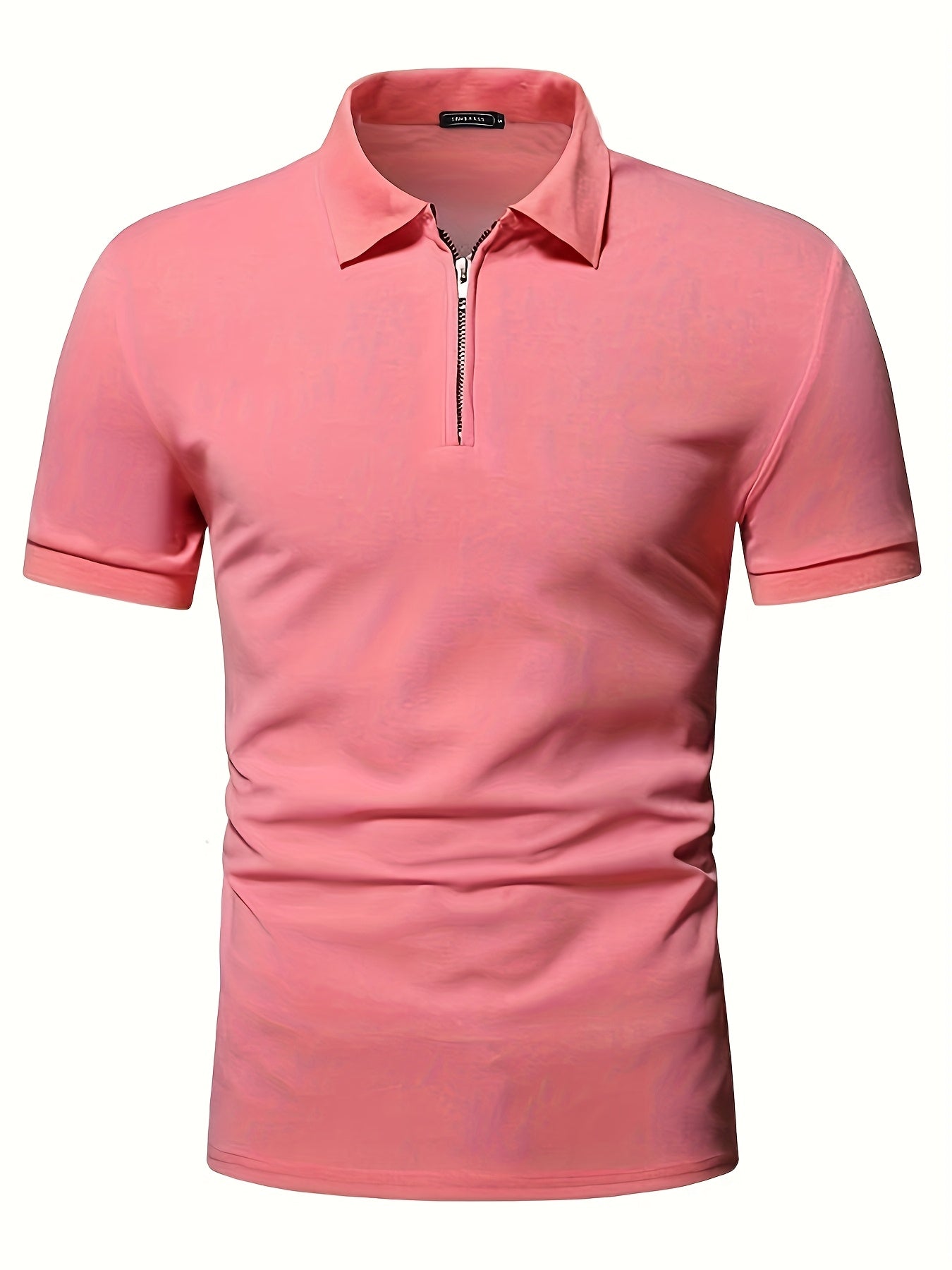 Casual Stretch Men's Solid Color Zipper Lapel Golf Shirt, Male Summer Streetwear