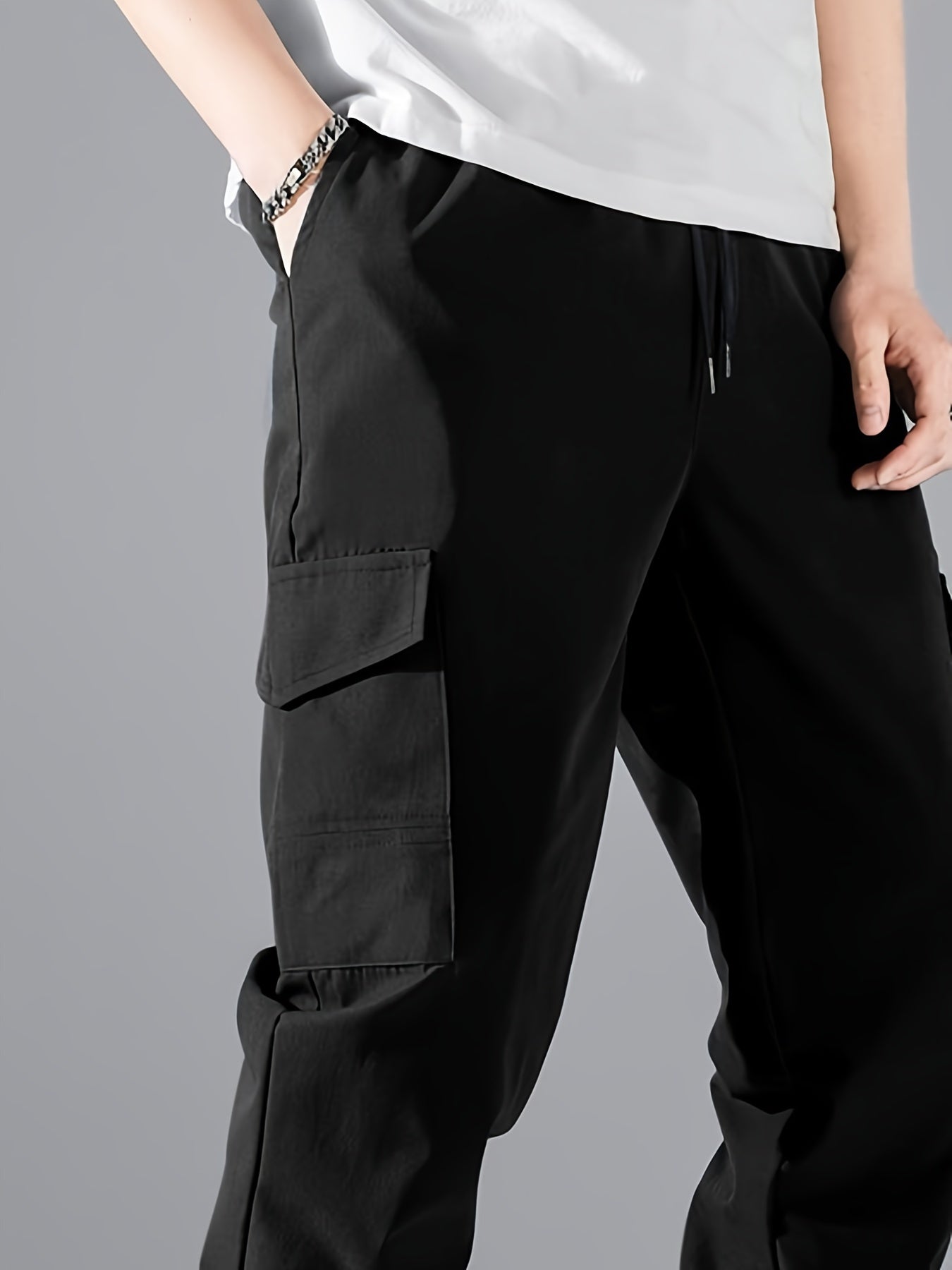 Men's Casual Athletic Cargo Pants - Solid Color, Polyester, Machine Washable with Multiple Pockets