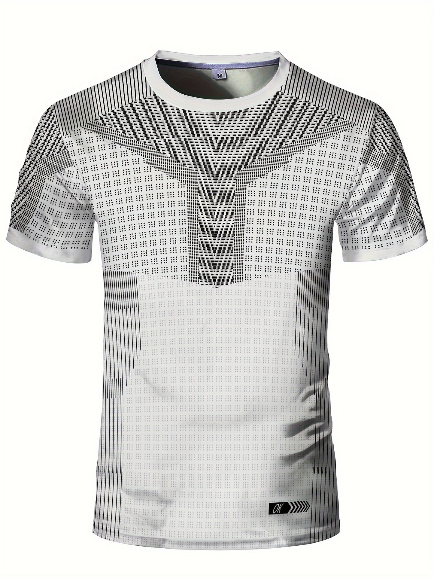 A Black And White Patterned Print Design, Men'S Sporty Fashion, Geometric Print High-Elastic Tight-Fitting Short-Sleeve Round-Neck T-Shirt, Quick-Drying Sports Top for Summer Fitness, Training, And Workout, with a Cool Feel,