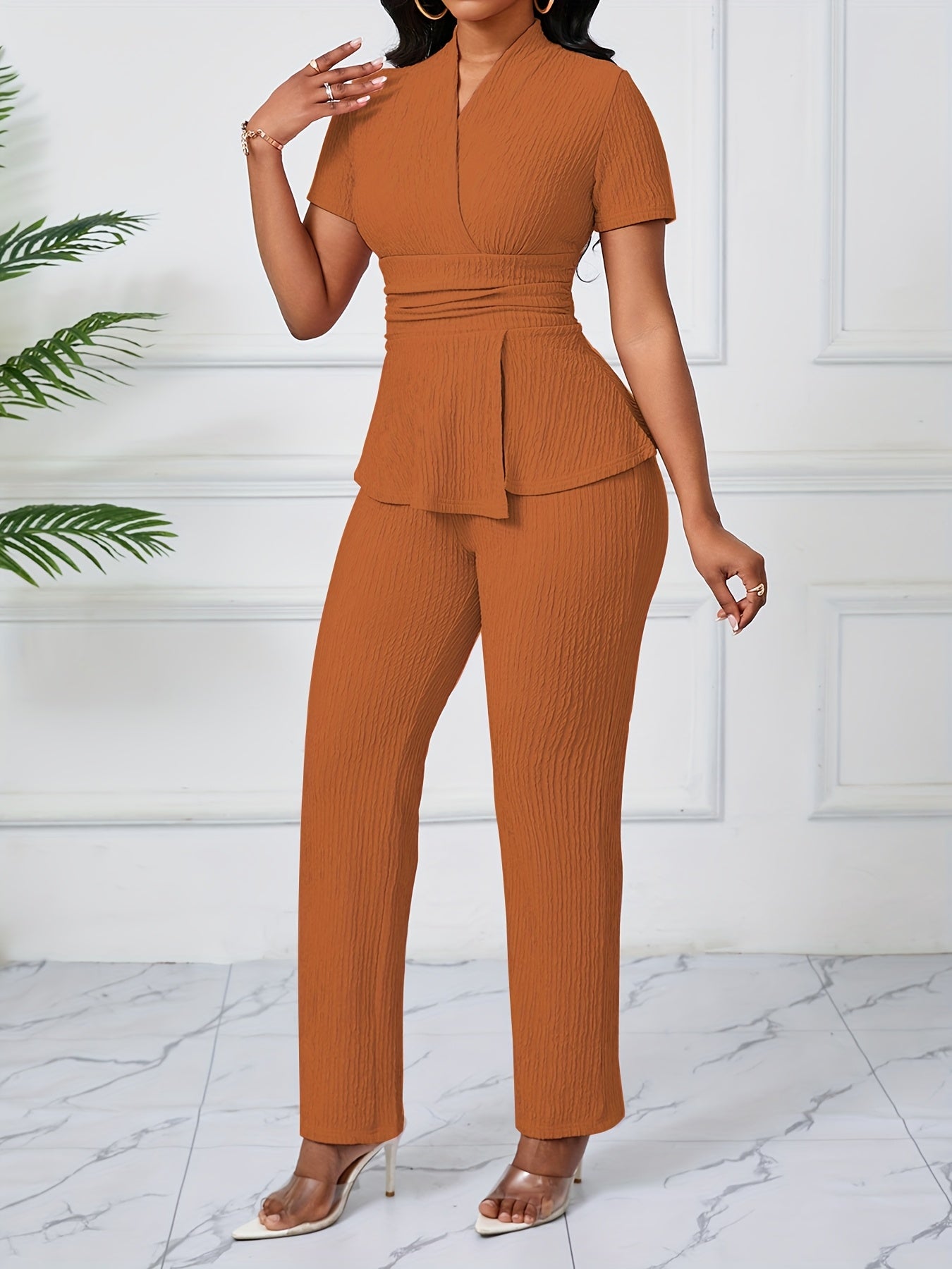 Women's Elegant Casual Solid Color Textured Pants Set