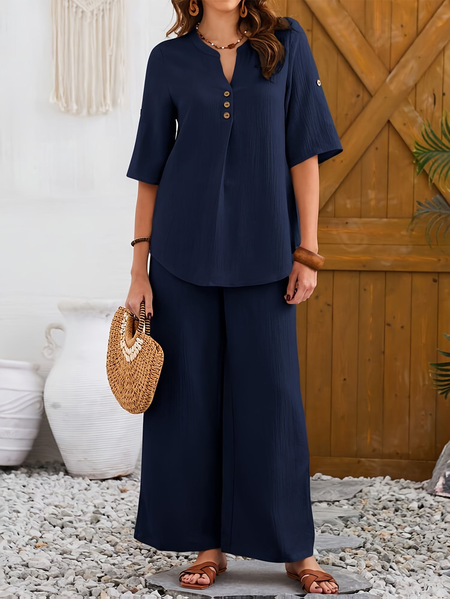 Women'S Large Size Elegant Wide Leg Pants Short Sleeve Top Set with Fake Buttons, YUKIWI