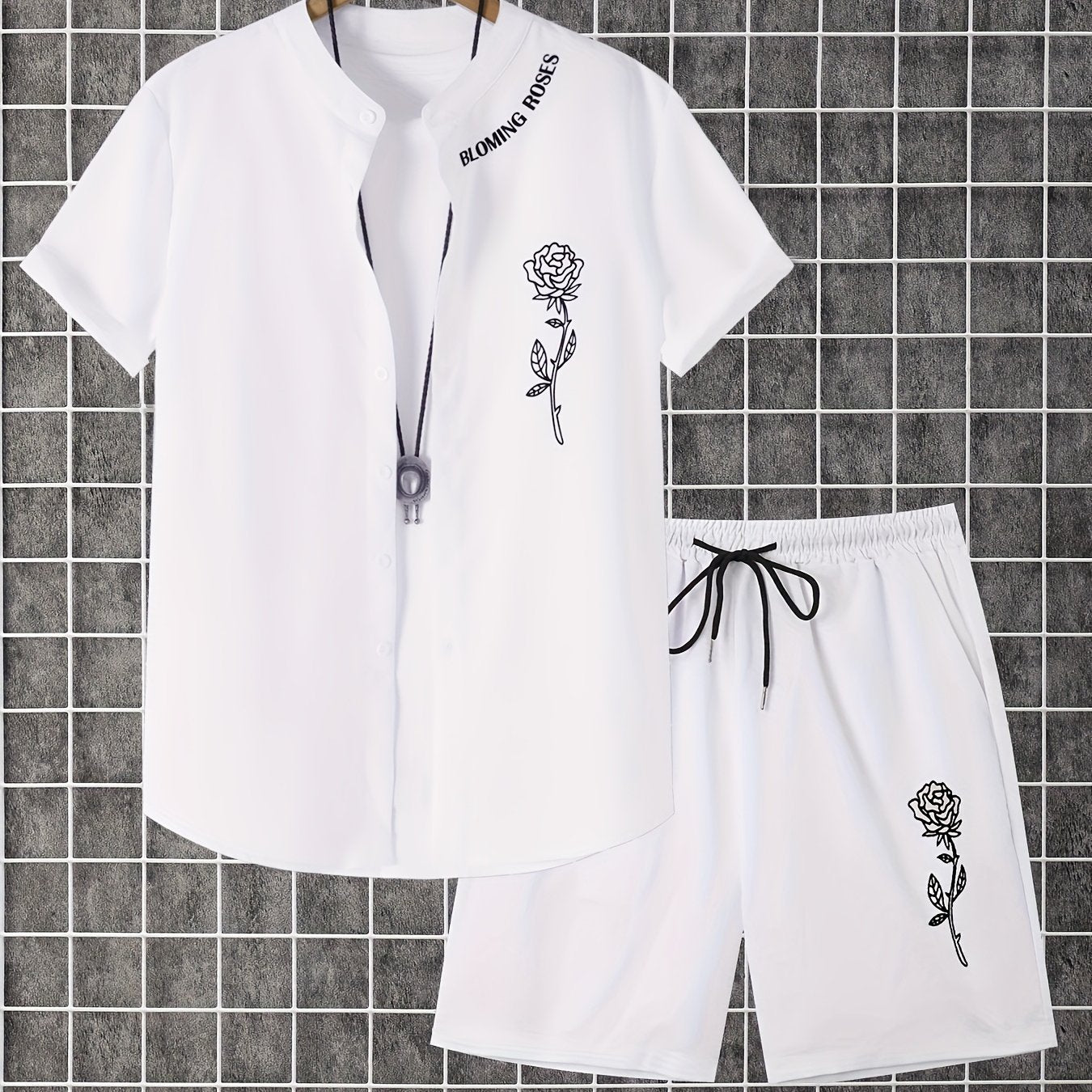 2pcs Printed Men's Summer Short Sleeve Button Shirt and Shorts Set