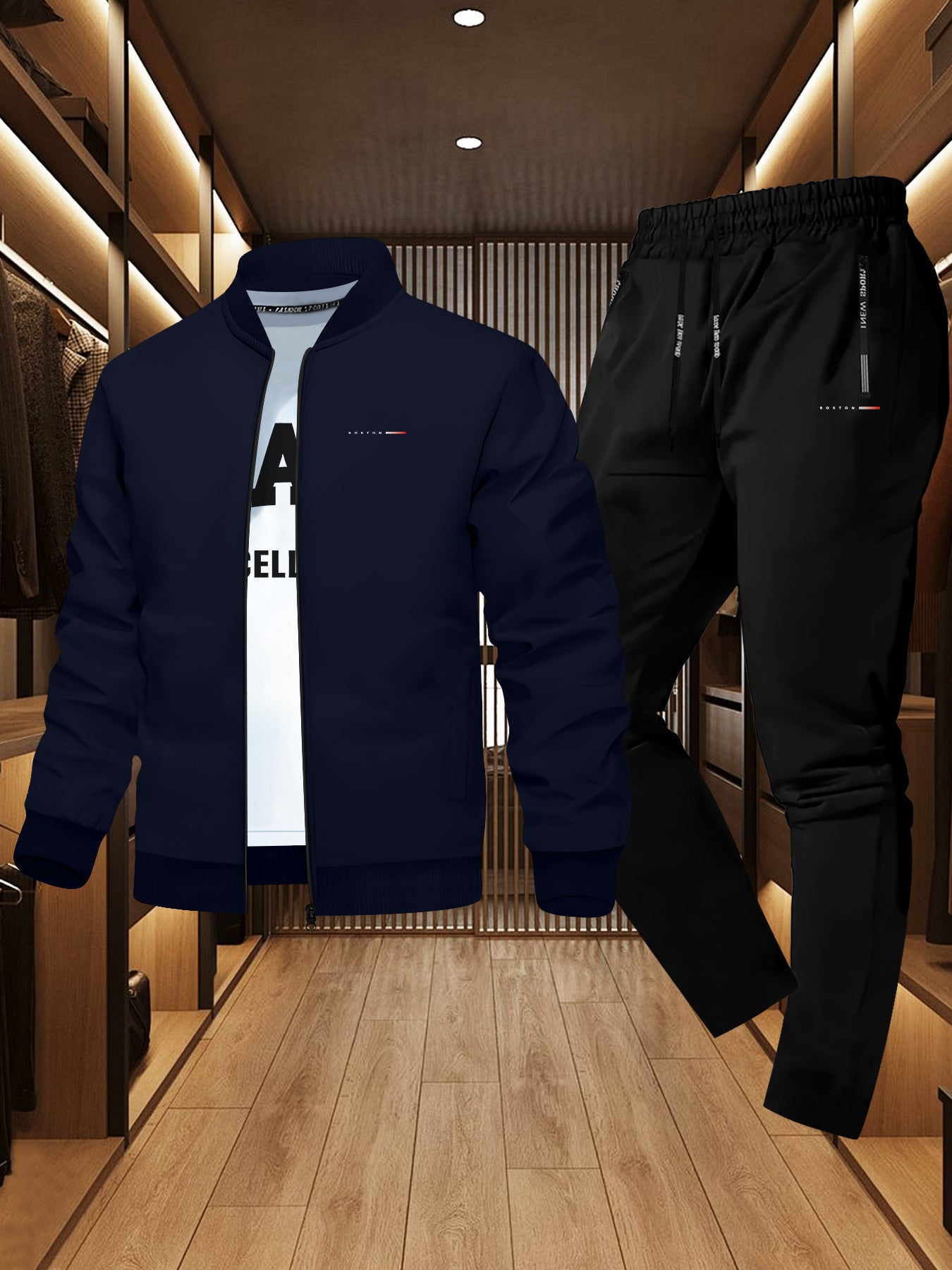 Men'S Trendy Boston Print Jacket and Sweatpants Set - Casual Sporty Outfit with Zipper Detail, Long Sleeves, and Elastic Waistband, Perfect for Fall/Winter