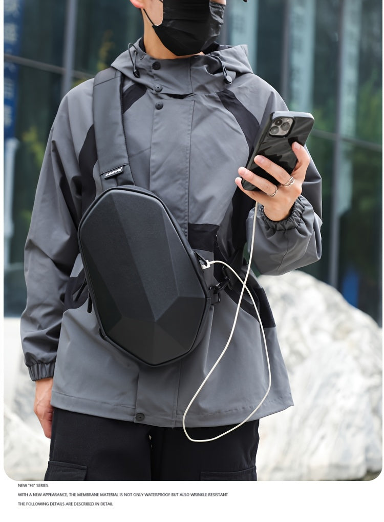 JUMAHE Men's USB Charging Crossbody Bag with Dual Power Ports, Hexagonal Geometric Design Street Style Shoulder Bag - Premium Durable Fabric, Adjustable Strap & Zipper Closure for Daily Commute (Black/Grey), Bags for Travel,