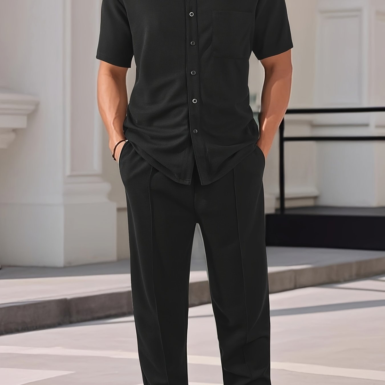 Men'S Two-Piece Set Featuring a Short-Sleeve Cardigan with Pockets And Drawstring Pocket Long Pants, Perfect for a Clean And Comfortable Summer.