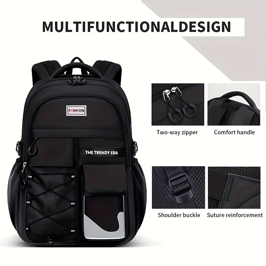 Large Capacity Backpack Set 3pcs, Polyester Lined, Spliced, Adjustable Shoulder Straps, Zipper Closure, Lightweight, Casual Style, for Going Out