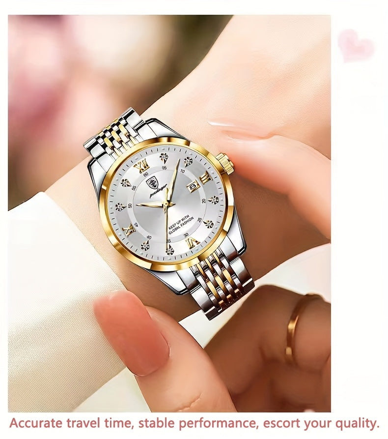 POEDAGAR Elegant Luxury Quartz Watch for Women - Waterproof, Luminous Calendar, Ultra-Thin Movement, Stainless Steel Band, Round Alloy Case, Ideal for Parties and Holidays