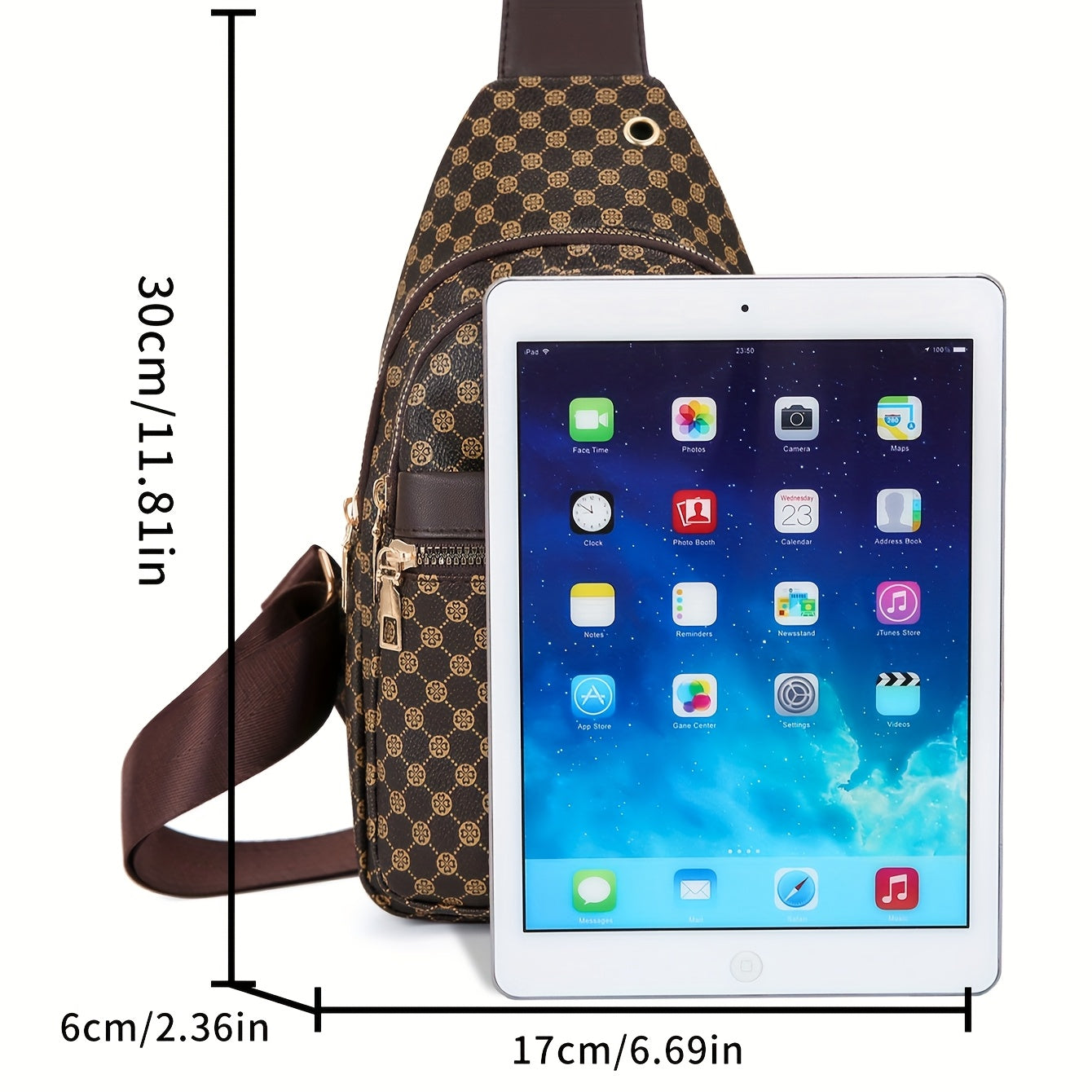 Men's Stylish Geometric Print Sling Bag - Black & White Crossbody Chest Pack with Golden-Tone Zippers, Compact Travel & Everyday Commute Backpack, Modern Accessory | Textured Finish, Crossbody Bag