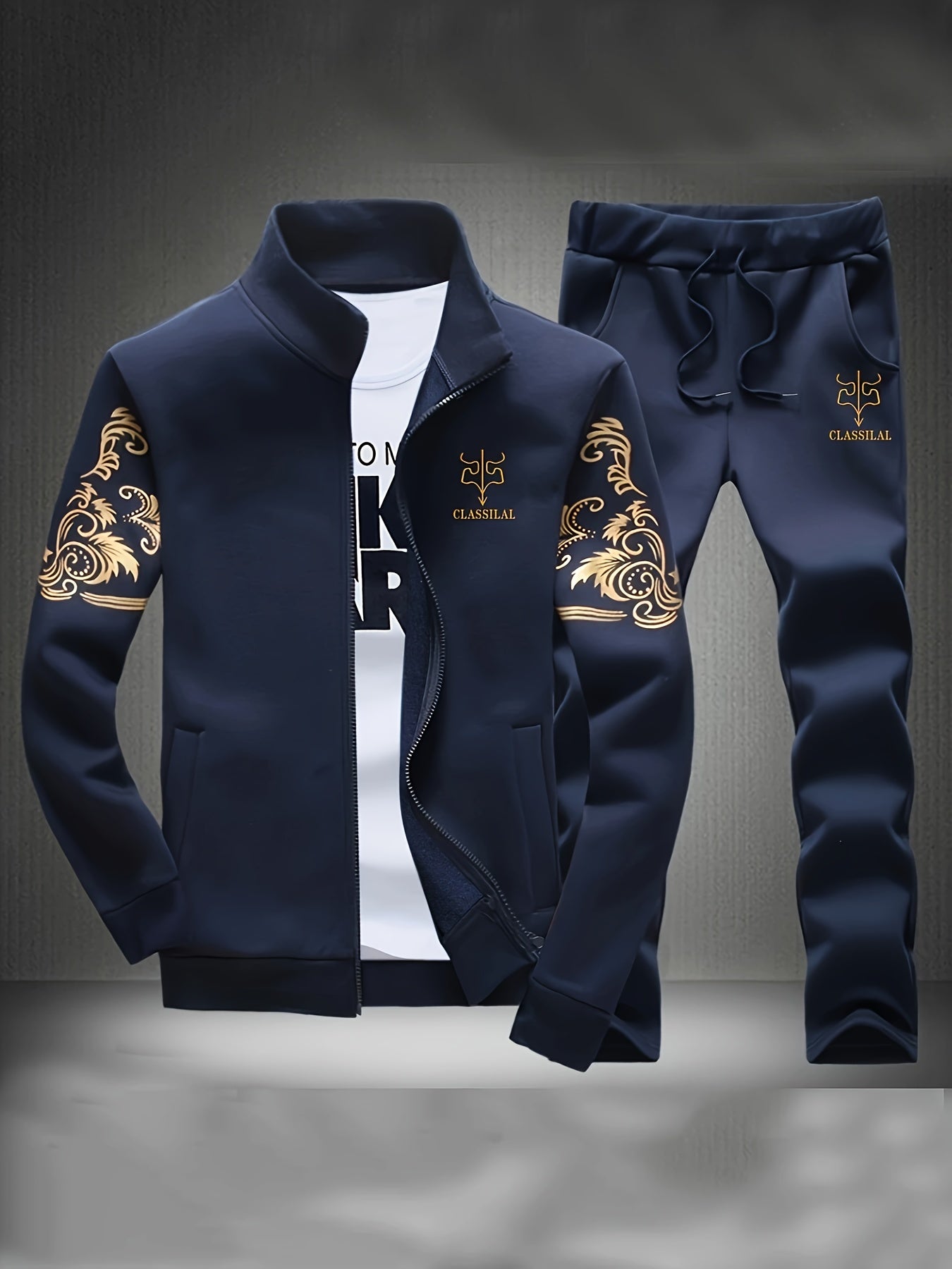 Men'S Navy Blue "Shan Yes" Print Casual Sports Suit - Zip-Up Hoodie & Joggers with Pockets, Regular Fit for Spring & Fall, Comfortable Leisure Wear, Leisure Wear Hoodie | Sporty Hoodie | Zipper Closure, Essential Hoodie