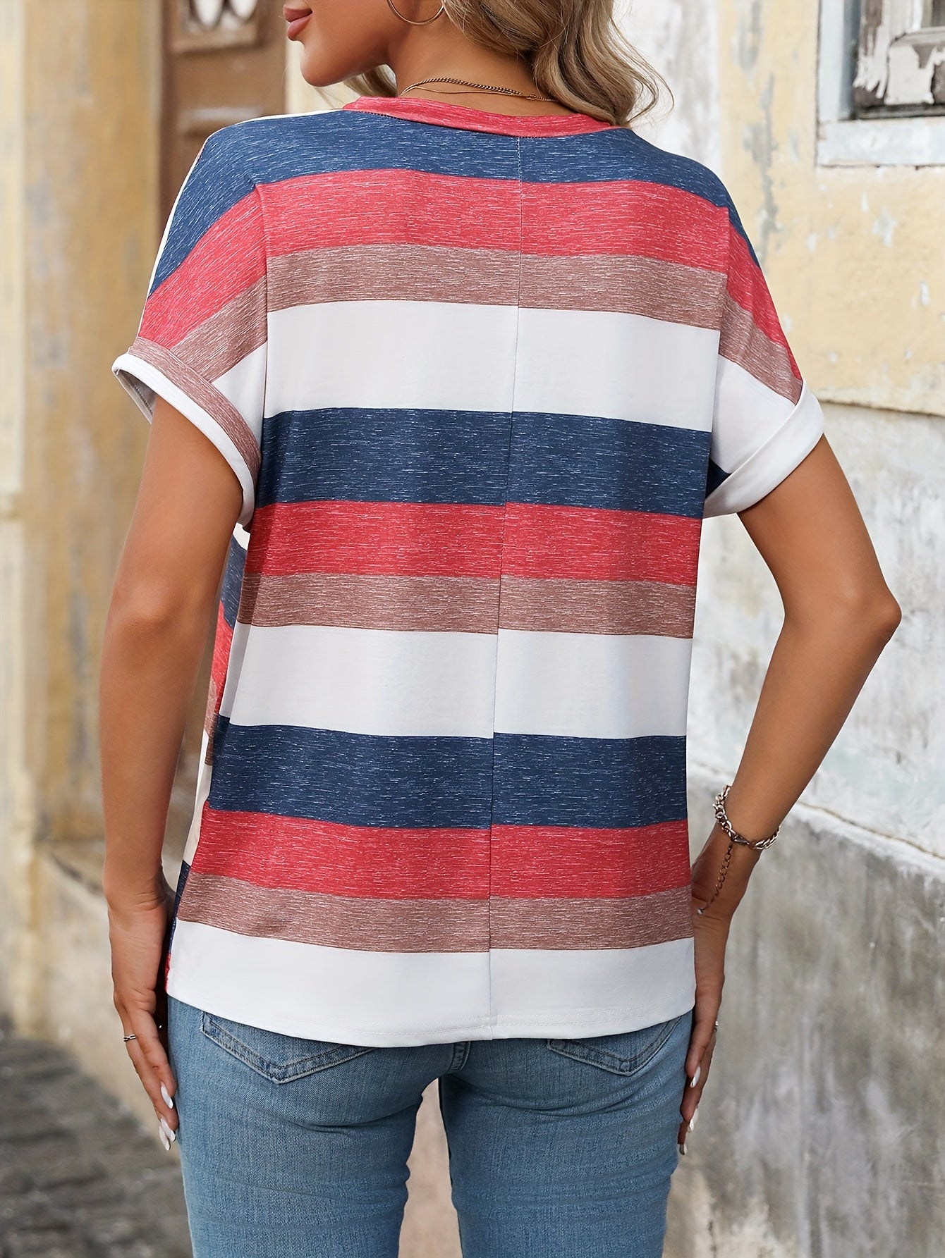 Women's Elegant Knit Striped Short Sleeve T-Shirt - Red & White Stripes on Navy Blue, 95% Polyester 5% Elastane Blend, Lightweight 180gsm Summer Casual Top, Machine Washable