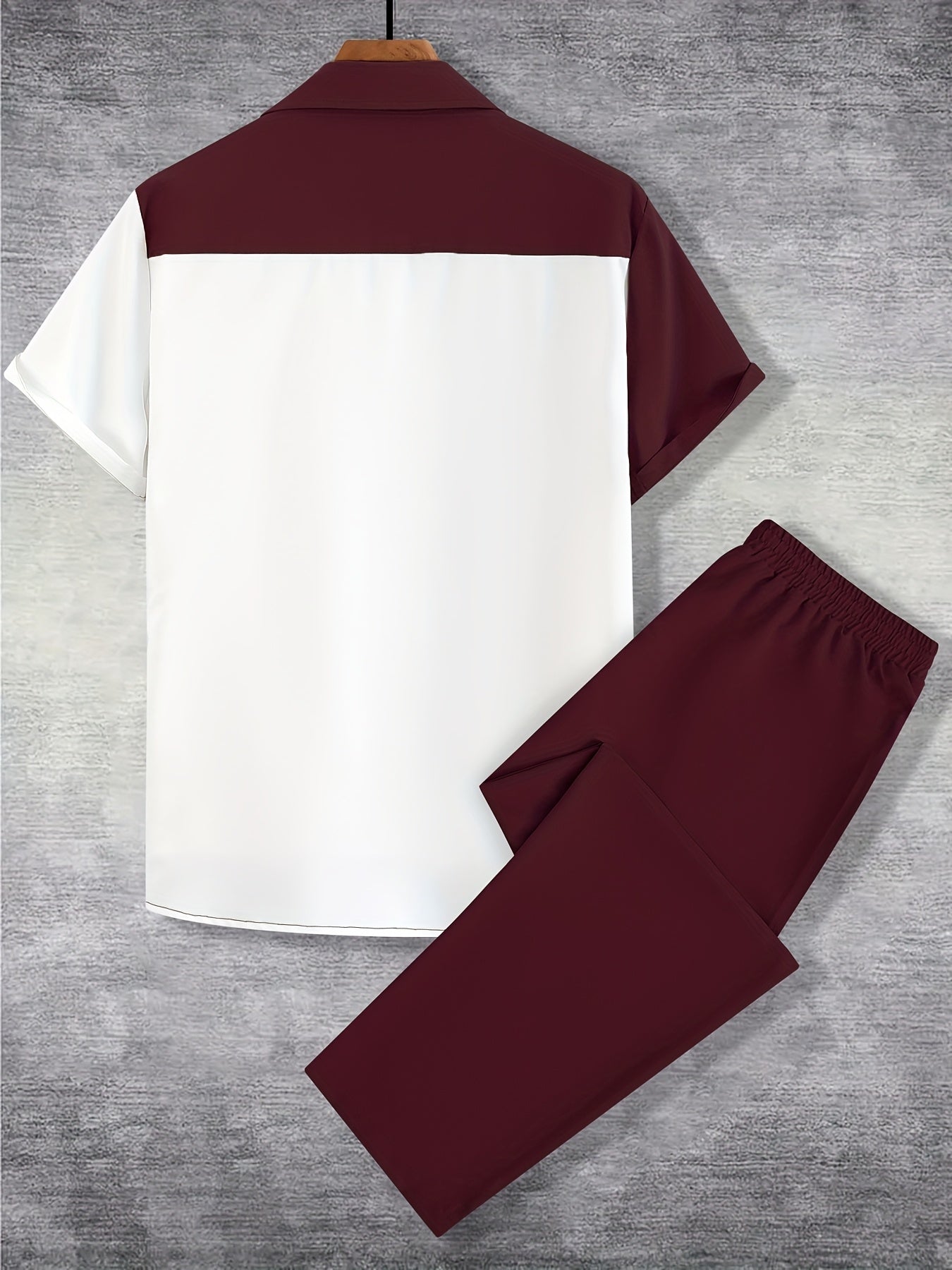 Men'S Casual Two-Piece Spring/Summer Color Block Short Sleeve Shirt and Pants Set - Polyester, Regular Fit, Button-Up with Pocket, No Belt, All-Season Wear, Casual Attire|Casual Style|Polyester Fabric