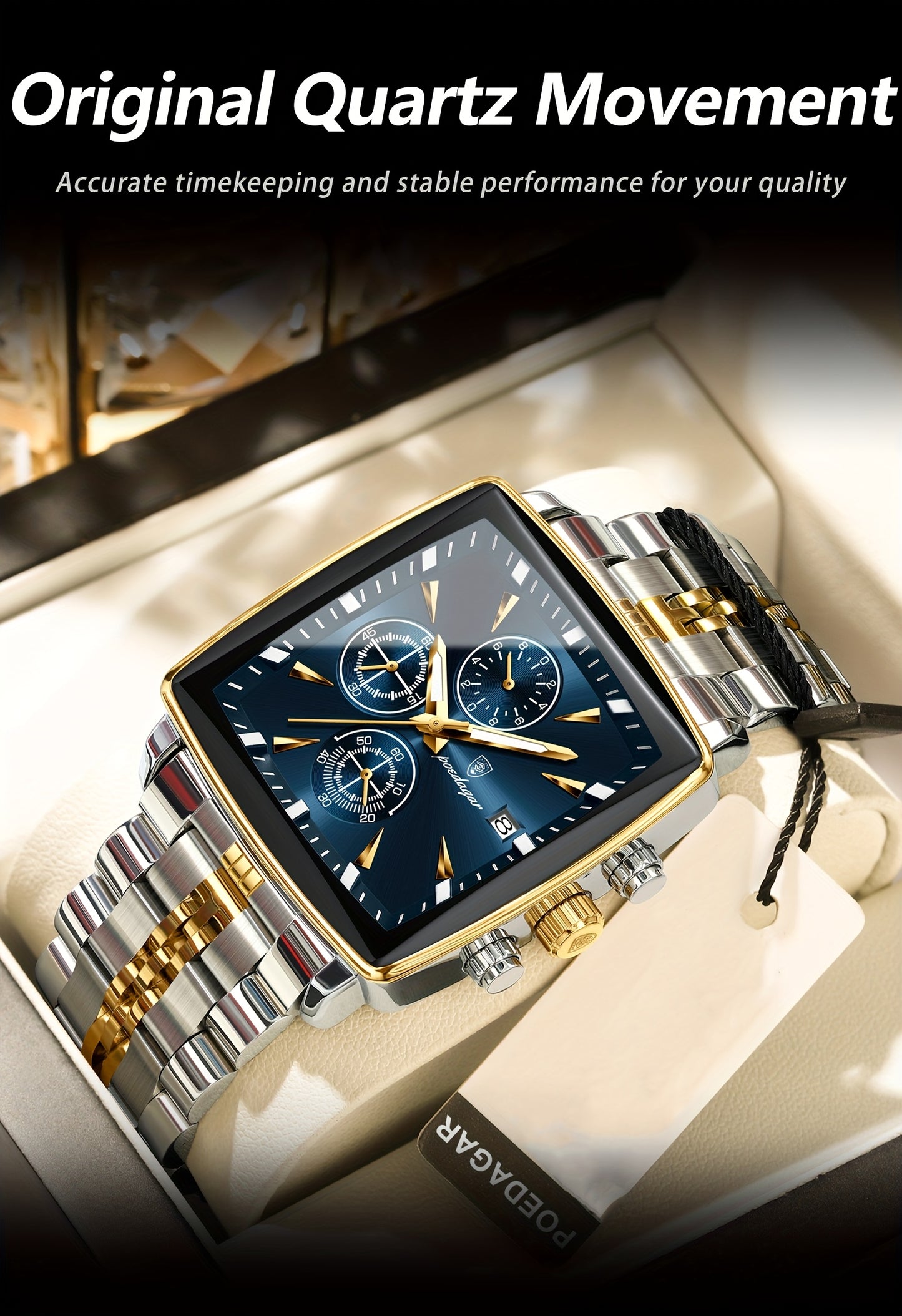 POEDAGAR Men's Stainless Steel Luminous Watch - Blue Dial Chronograph, High Quality Quartz Movement with Date Calendar, Golden-Tone Accents for Business Casual & Casual Attire, Formal Accessory, Stylish Accessory, Refined Cra