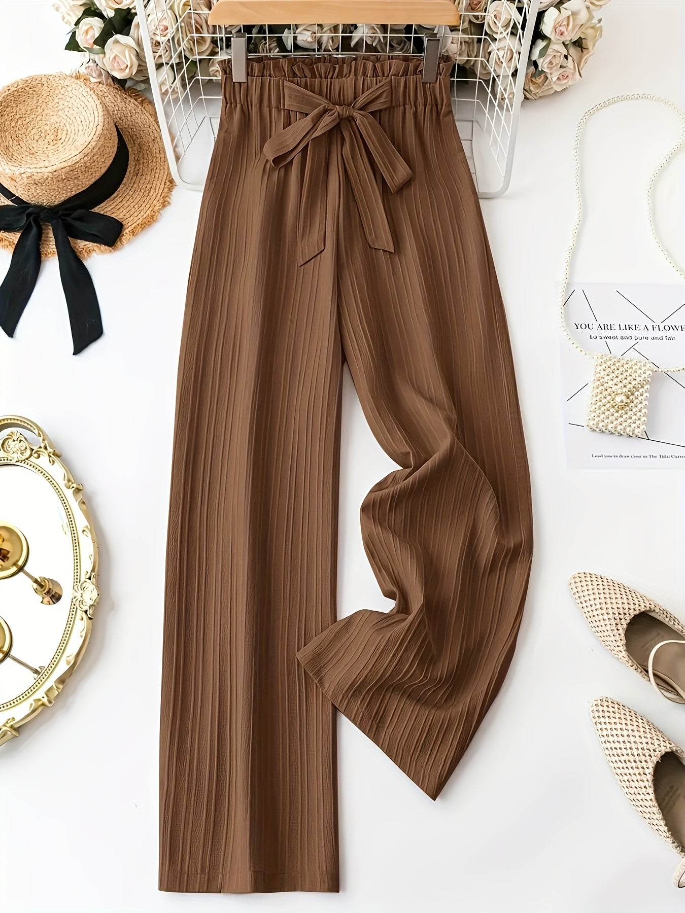 Women'S Fashion Pleated Pants, Polyester, Casual Solid Color, Spring/Summer/Autumn, Belted, Wide Leg, Adult, Woven Fabric
