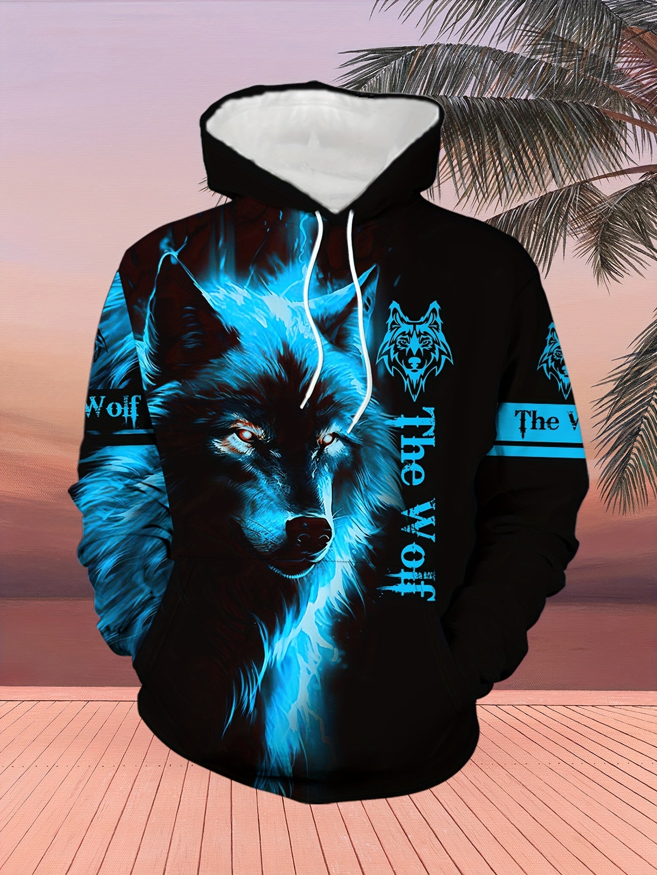 Men'S Wolf Print Hooded Sweatshirt and Joggers Set, Casual Polyester Knit Fabric, Slight Stretch, Regular Fit, Comfortable Long Sleeve Pullover for Spring/Fall, Weekend Casual Wear