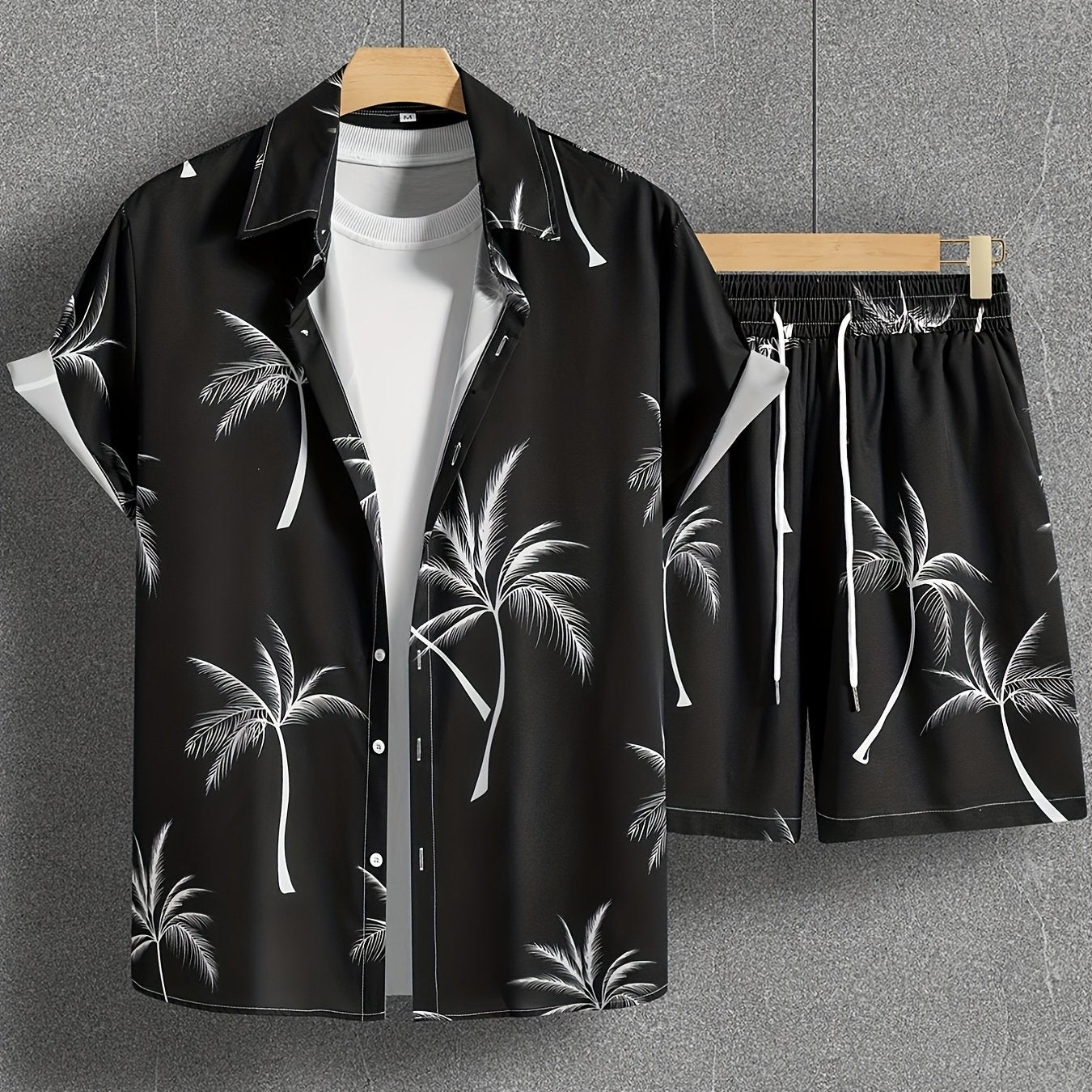 Coconut Tree Print, Men's 2Pcs Outfits, Casual Camp Collar Lapel Button Up Short Sleeve Shirts Hawaiian Shirt And Drawstring Shorts Set For Summer, Men's Clothing