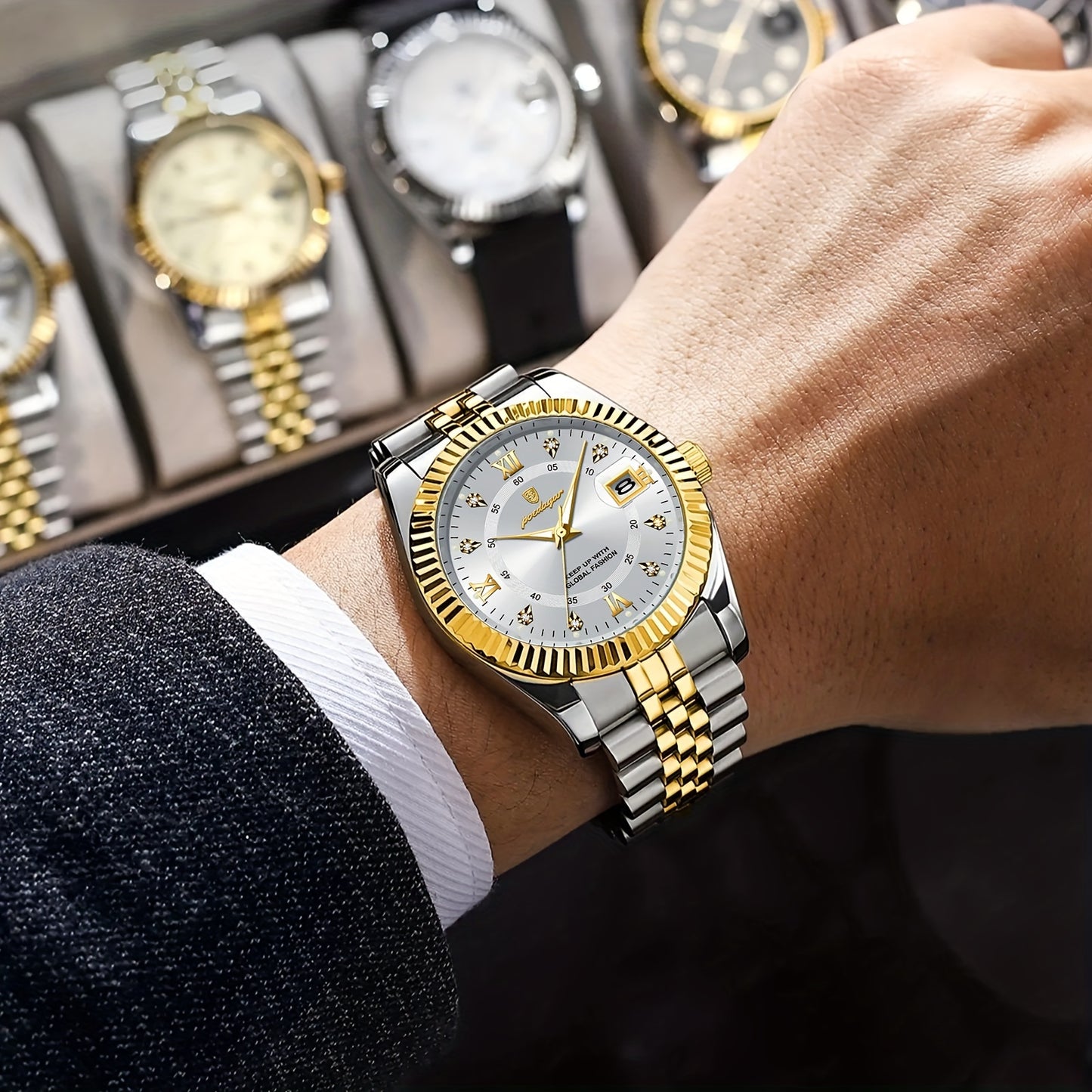 POEDAGAR Luxury Men'S Quartz Watch - Waterproof, Luminous, Stainless Steel Band, Blue & Golden Accents, Date & Week Display, Casual Elegant Timepiece with Backpack Clasp