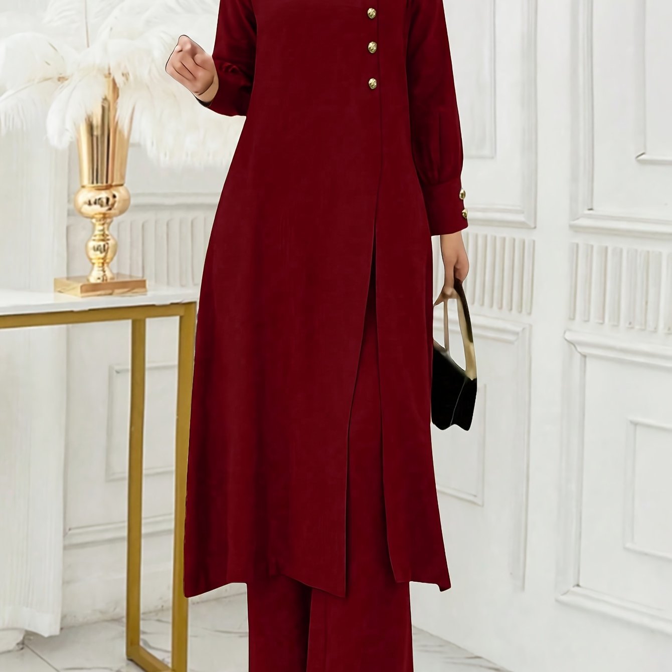 Ramadan, Women's Front-Button Long Sleeve Slit Dress & Pants Casual Arabic Style 2pcs Set, Only Clothes, Without Headscarf