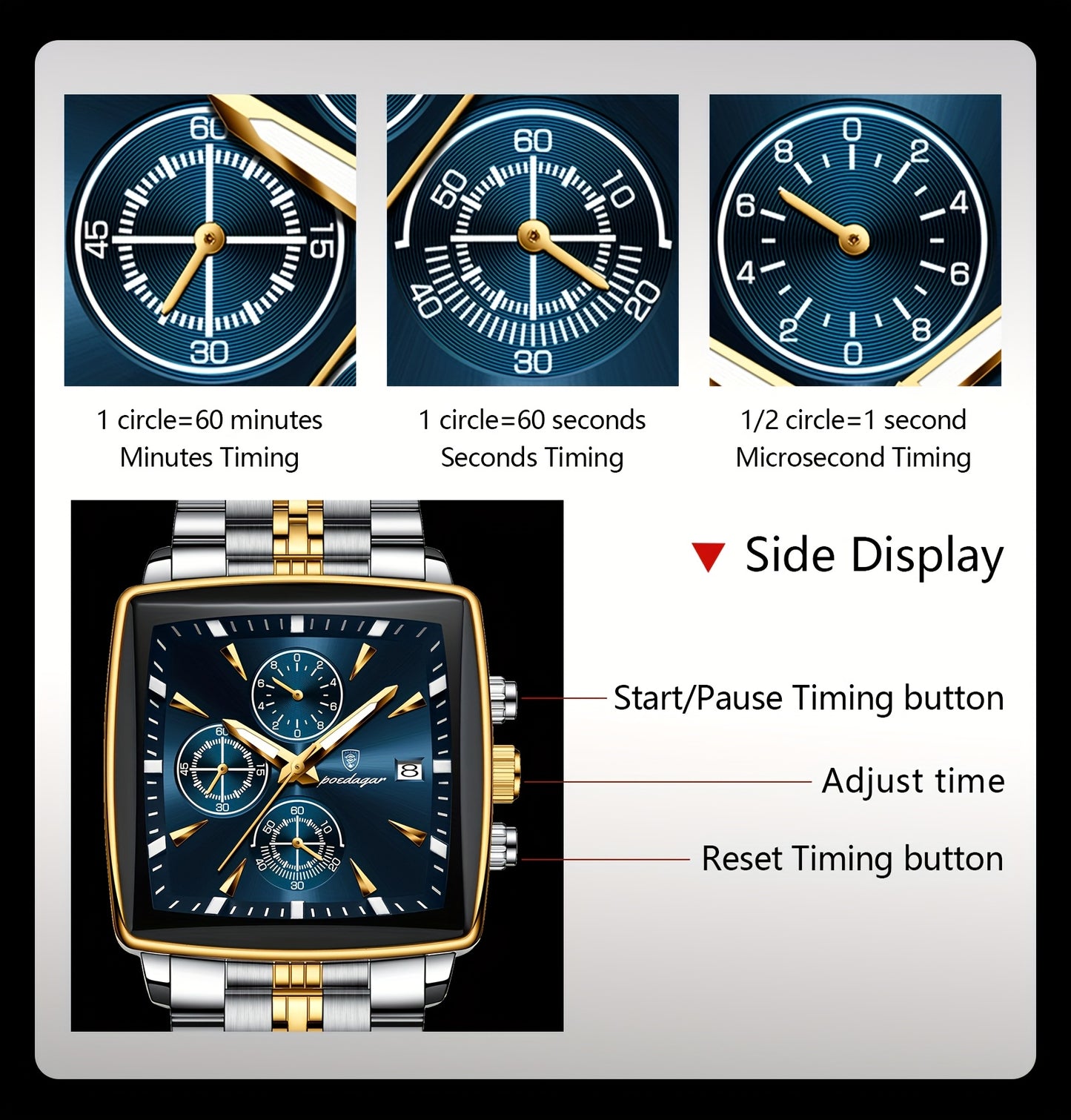 POEDAGAR Men's Stainless Steel Luminous Watch - Blue Dial Chronograph, High Quality Quartz Movement with Date Calendar, Golden-Tone Accents for Business Casual & Casual Attire, Formal Accessory, Stylish Accessory, Refined Cra