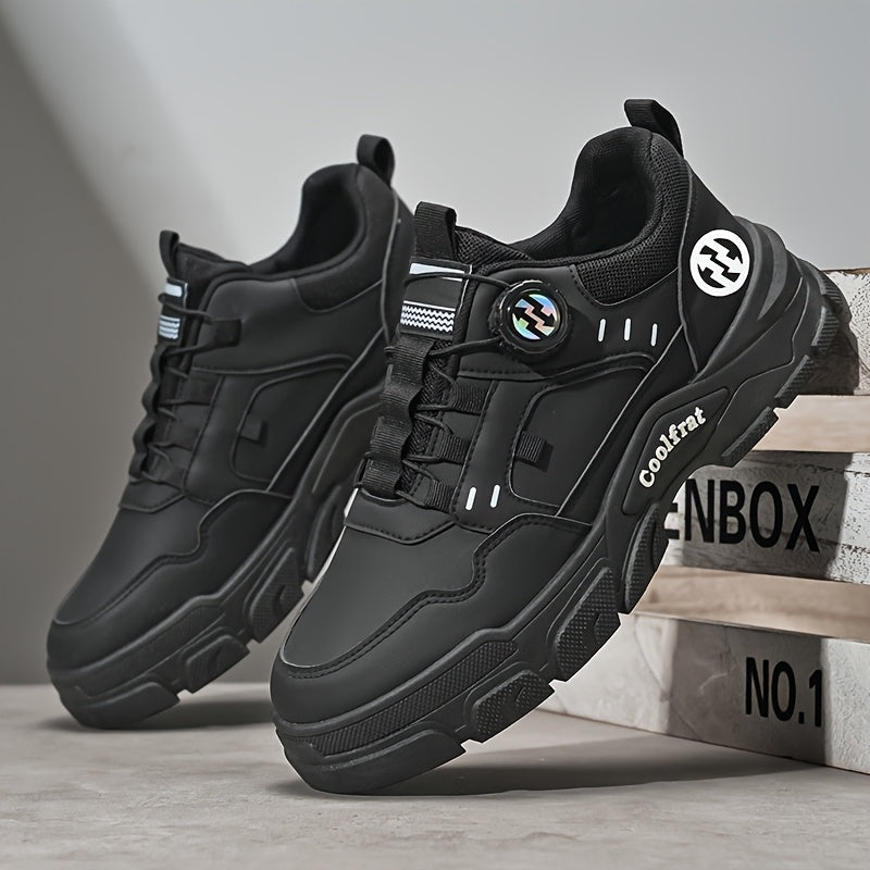 Men's Solid Color Skate Sneakers - Adjustable Rotating Buckle Straps, Slip-Resistant PVC Sole & Durable PU Upper, Low-Top Lace-Up Design for Hiking, Walking, Daily Wear - All-Season Casual Streetwear Shoes, Skate Shoes