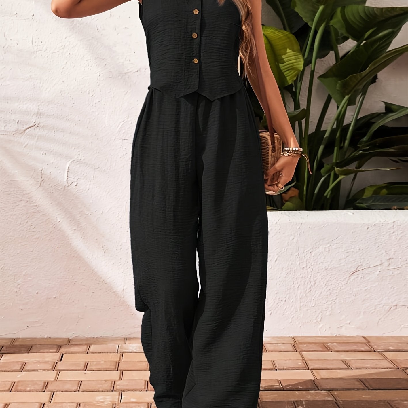 Women'S Elegant Solid Color Sleeveless V-Neck Two-Piece Set - Casual Summer Jumpsuit with Button Placket, Wide Leg Pants, and Beige Wedge Sandals, Casual Attire|Vneck Jumpsuit|Elegant Jumpsuit
