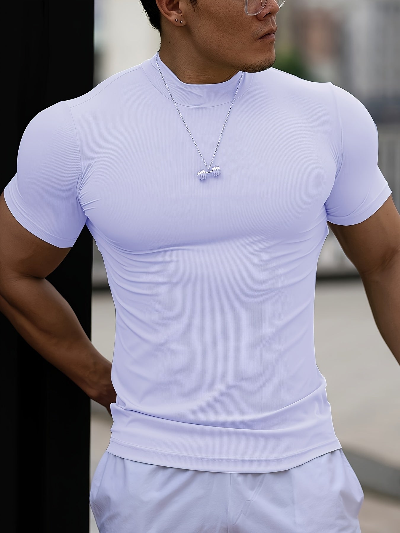 Men'S White Short Sleeve T-Shirt - Stretchy, Moisture-Wicking, Round Neck, Casual Fitness Wear for Summer, Sporty Style, Sportswear Tee | Sporty Neckline | Stretchy Fabric