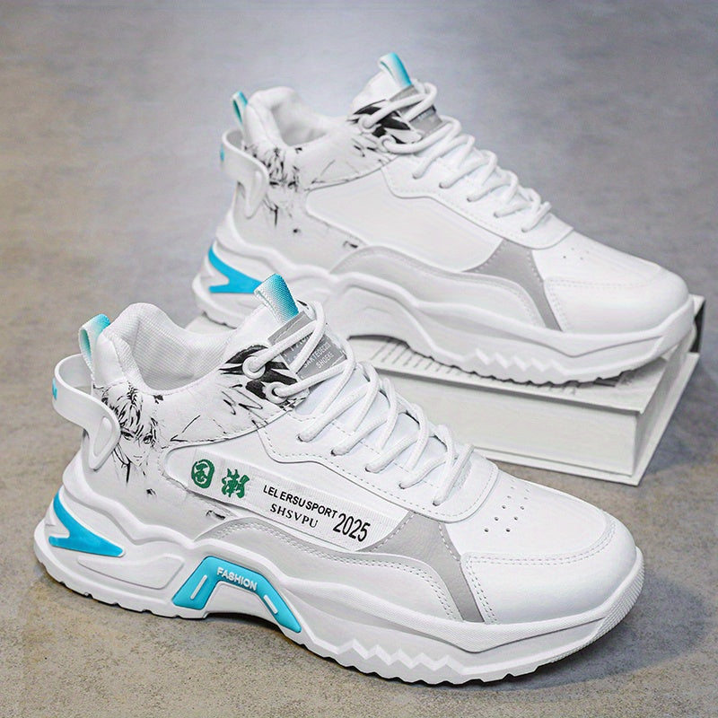 Men's Sneakers - Thick Platform Cushioned Sole, Lace-Up Closure, PU Upper & Non-Slip PVC Outsole - All-Season Gym, Casual, Everyday Sneakers - Black/White Colorway - Affordable Men's Footwear, Casual Walking, Trendy Kicks, Co